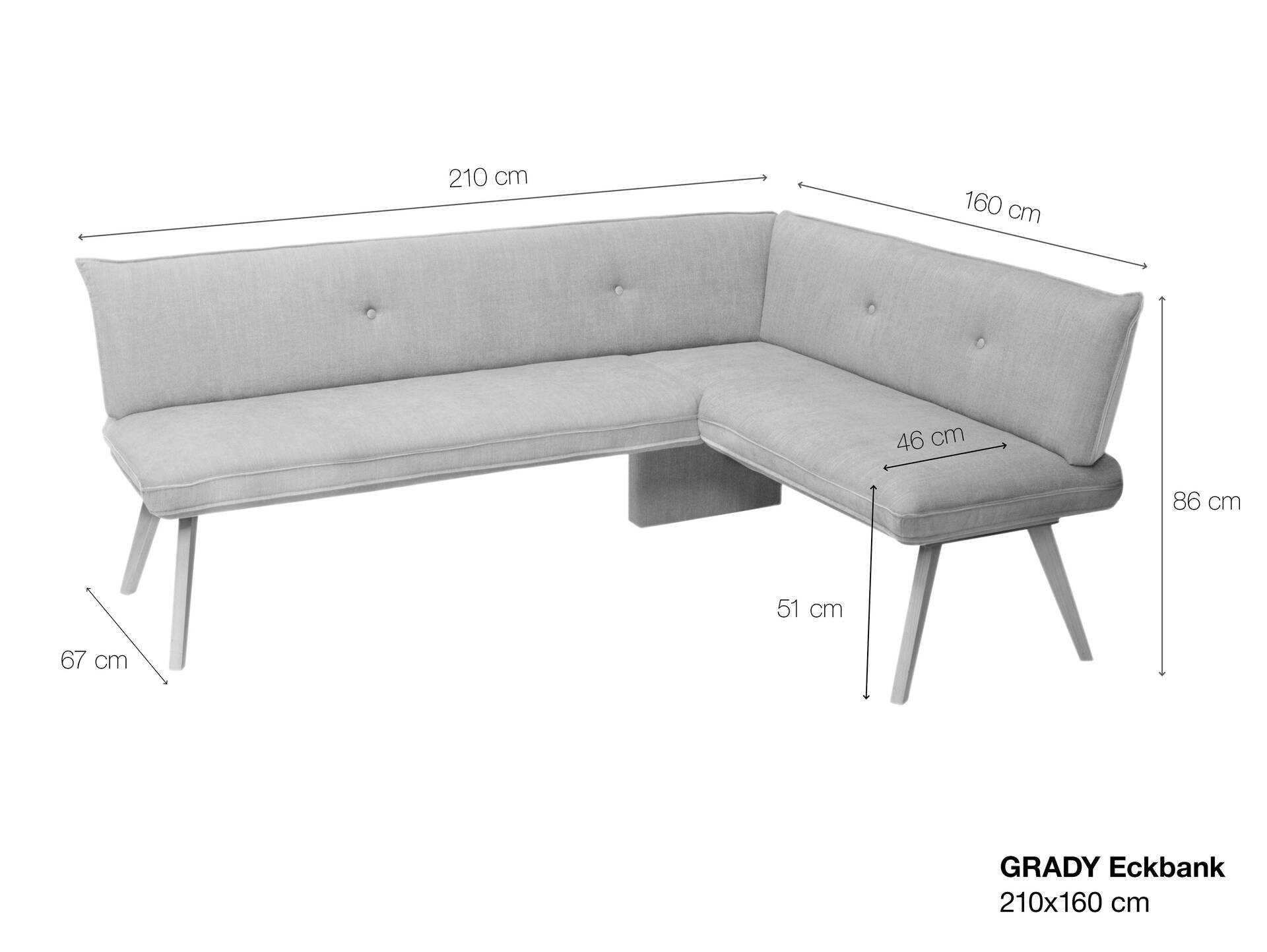GRADY I Eckbank, Gestell Massivholz/Stoffbezug 210 x 160 cm | braun