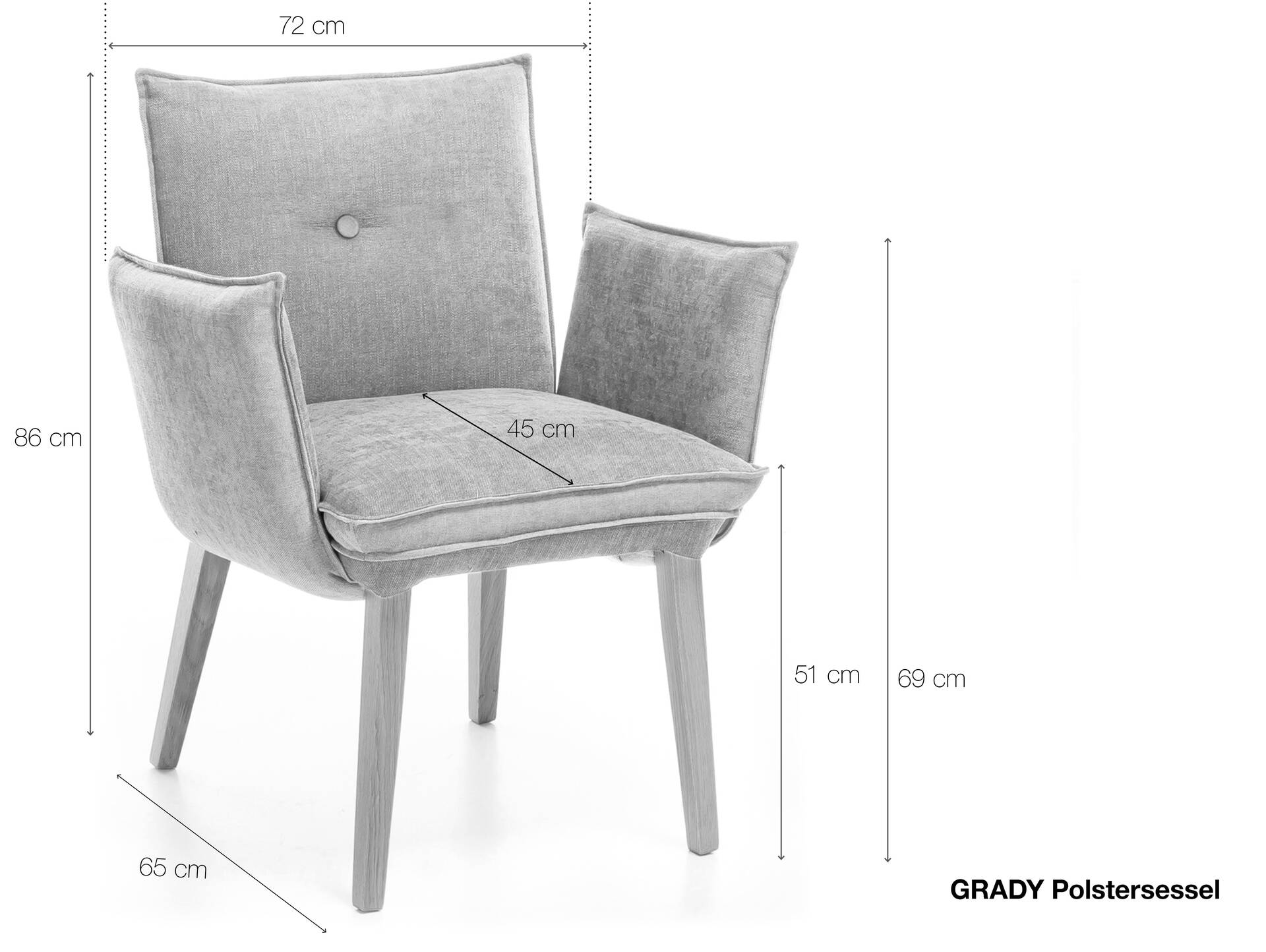 GRADY I Polstersessel, Gestell Massivholz/Stoffbezug grau