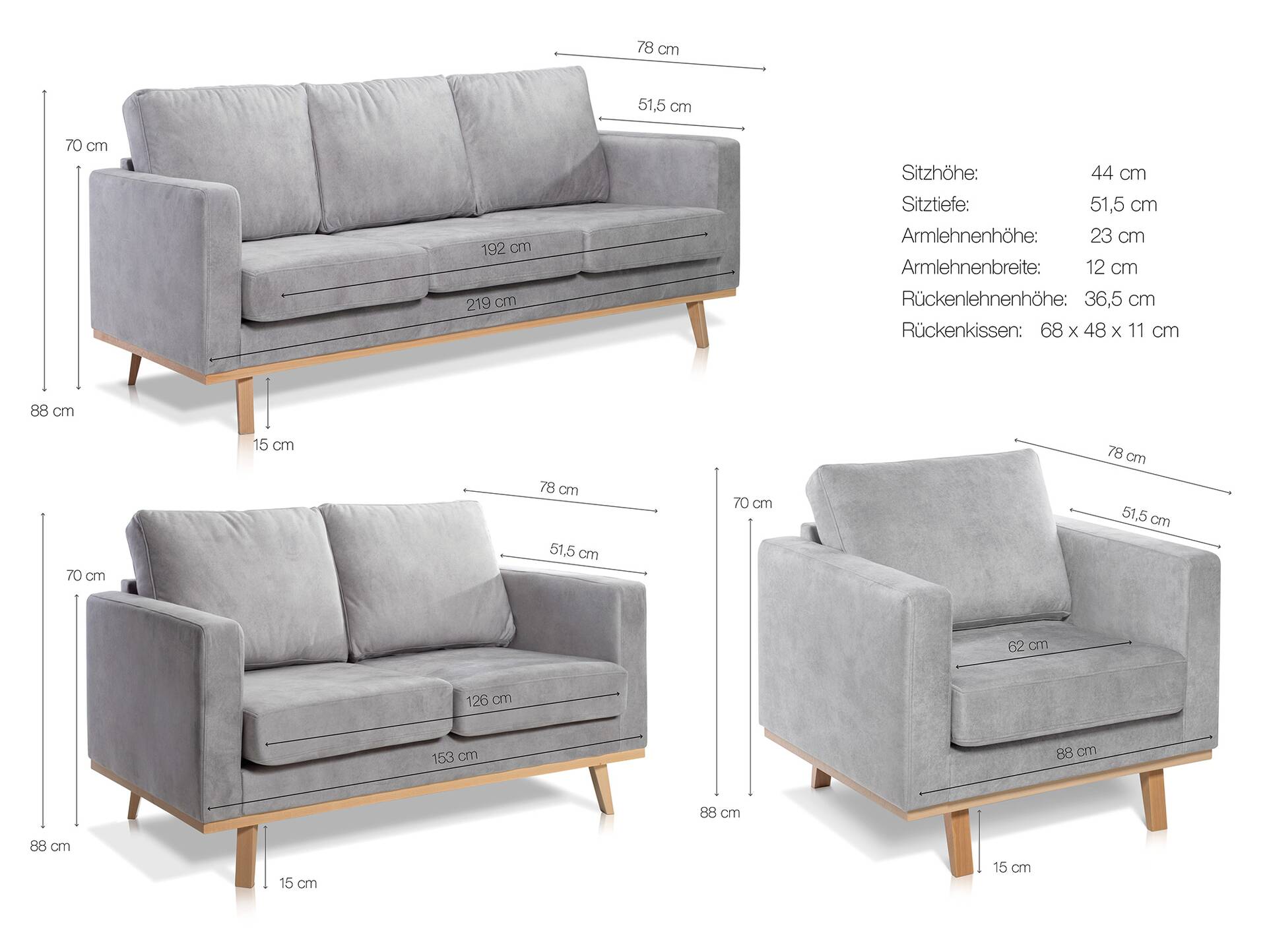 CORIN 3-2-1 Sofagarnitur mit Echtholz-Untergestell, Bezug in Velour-Optik Silbergrau