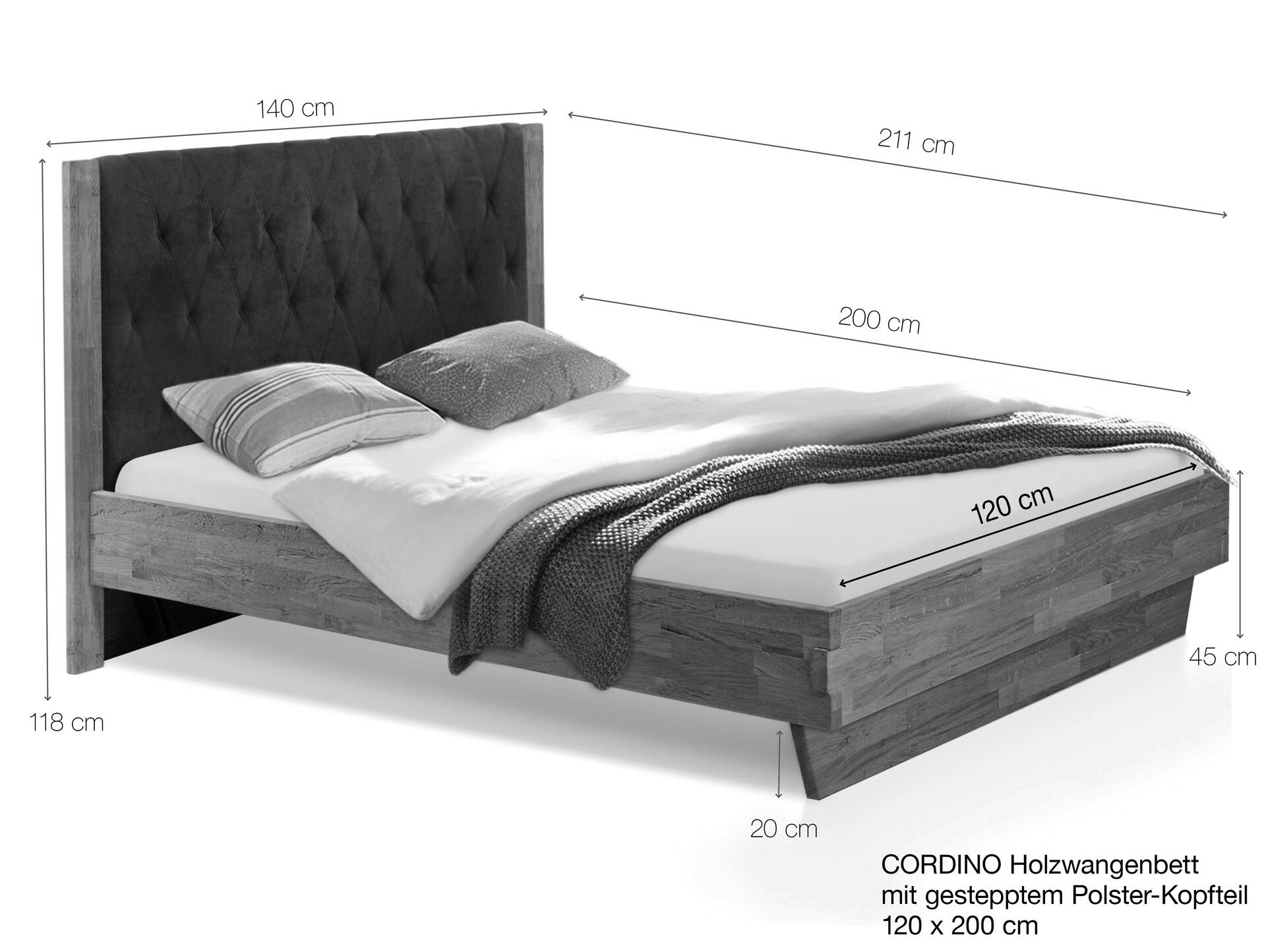 CORDINO Wangenbett aus Eiche mit gestepptem Polsterkopfteil, Material Massivholz 120 x 200 cm | Eiche unbehandelt | Kunstleder Braun | gebürstet