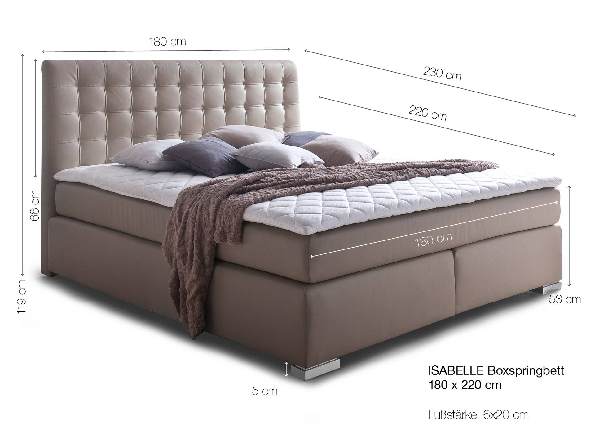 ISABELL PLUS Boxspringbett 180 x 220 cm | weiss | Härtegrad 2