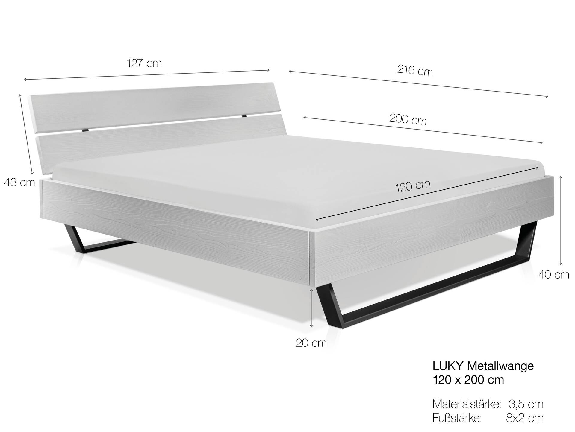 LUKY Kufenbett mit Kopfteil, Material Massivholz, Fichte/Kufen weiss 120 x 200 cm