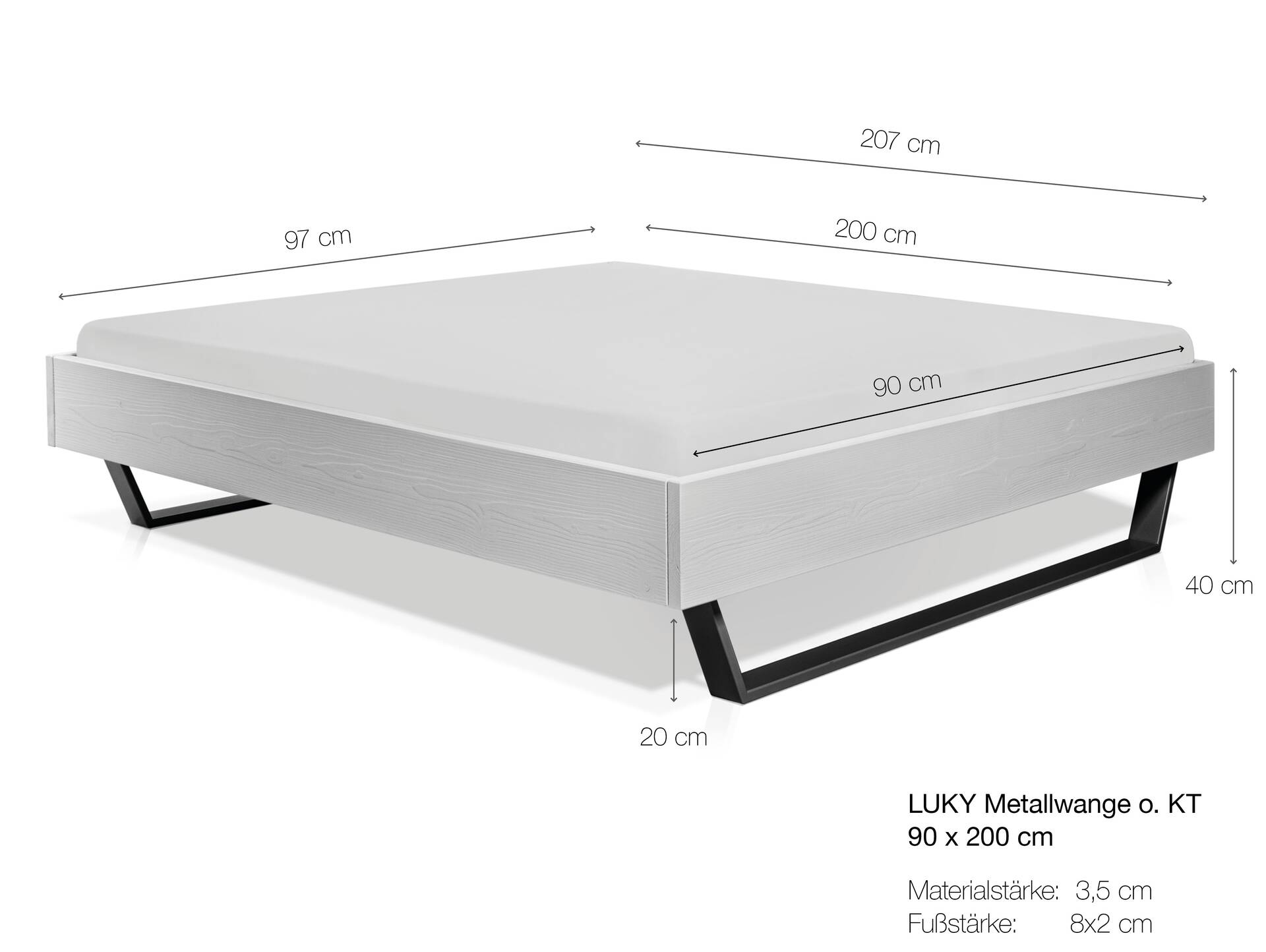 LUKY Kufenbett ohne Kopfteil, Material Massivholz, Fichte/Kufen weiss 90 x 200 cm