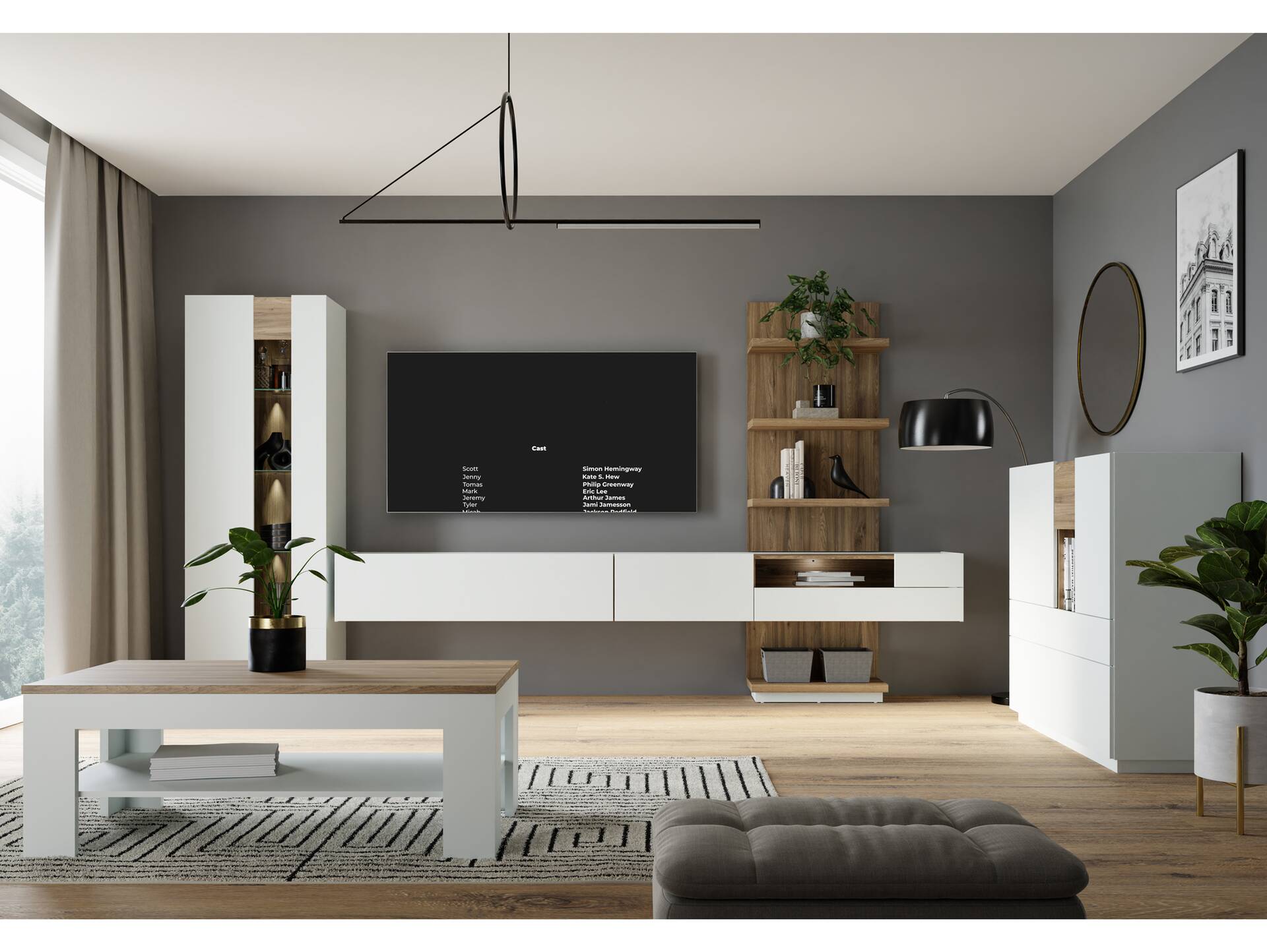 LENNOX Highboard, Material Dekorspanplatte,  lichtgrau/Valencia Oak Dekor 