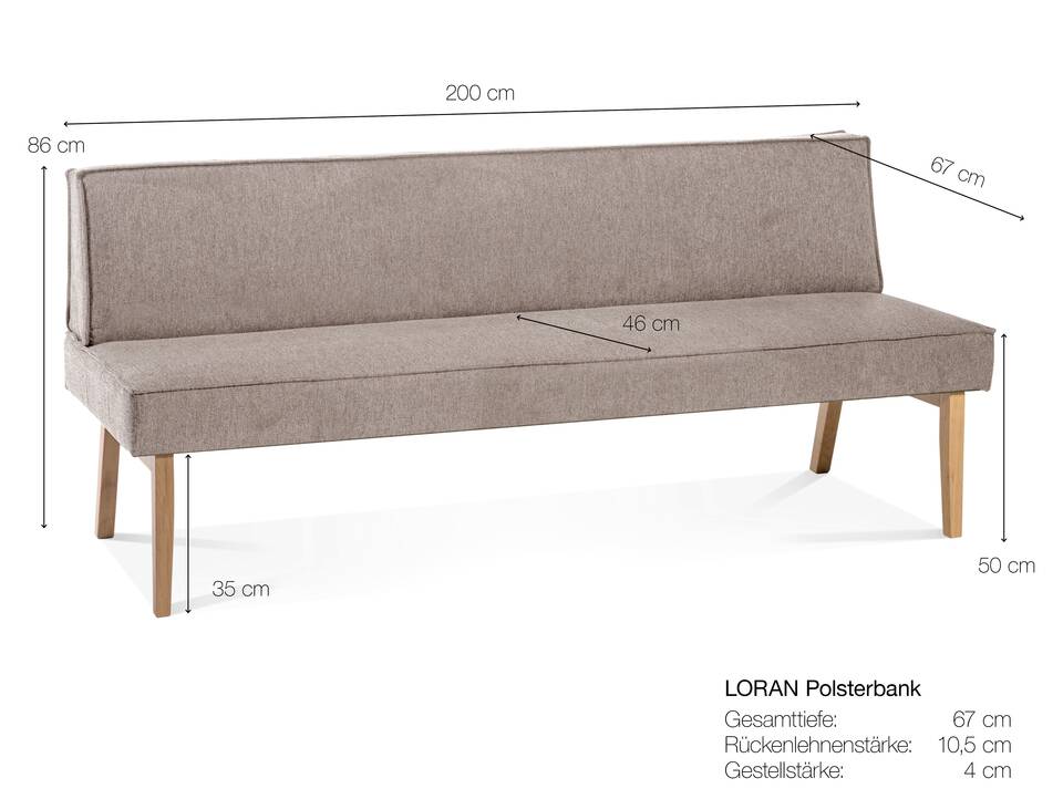 LORAN Polsterbank/Küchenbank ohne Armlehnen, Material Massivholz Eiche, Stoffbezug in 2 Farben erhältlich 200 cm | Grau