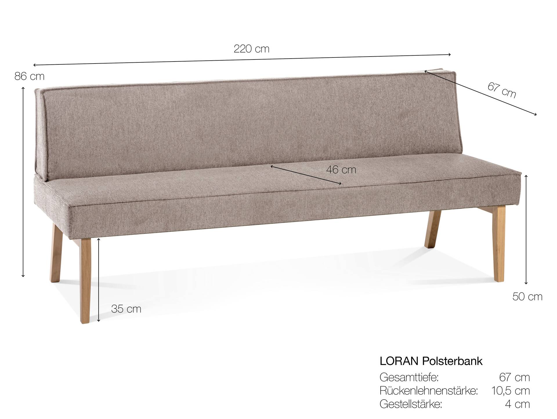 LORAN Polsterbank/Küchenbank ohne Armlehnen, Material Massivholz Eiche, Stoffbezug in 2 Farben erhältlich 220 cm | Grau