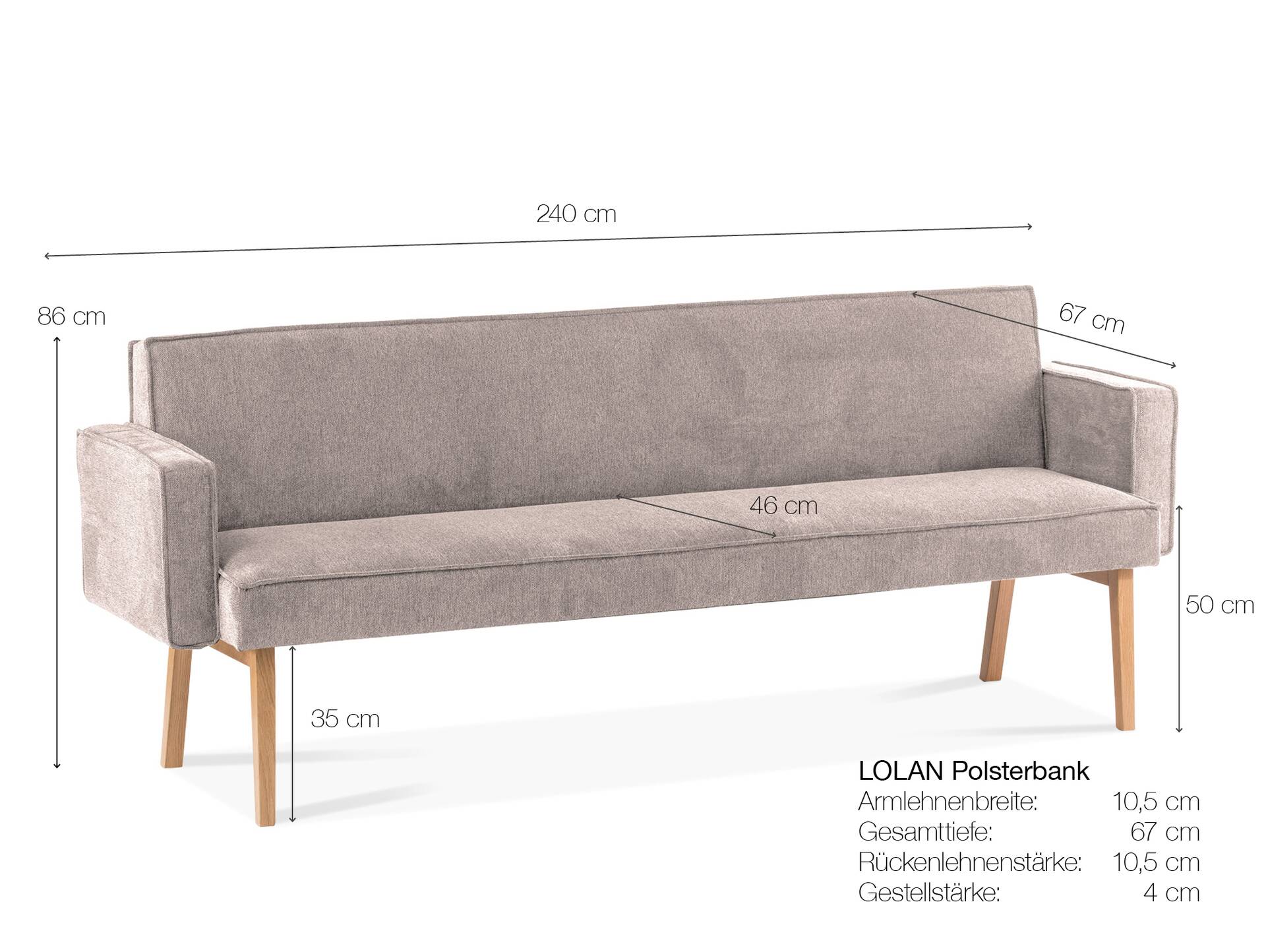 LORAN Polsterbank/Küchenbank mit Armlehnen, Material Massivholz Eiche, Stoffbezug in 2 Farben erhältlich 240 cm | Grau