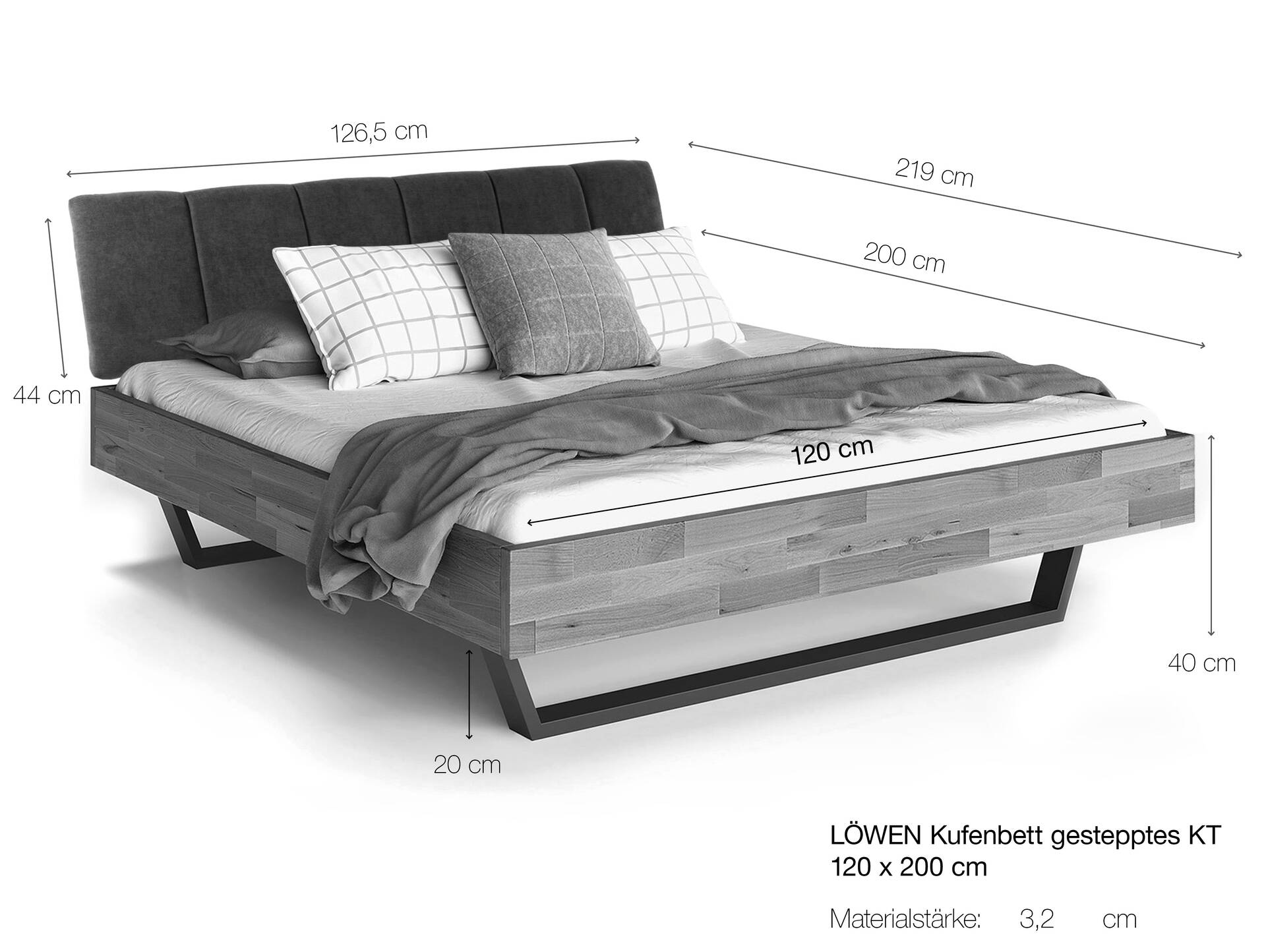 LÖWEN Kufenbett mit Polsterkopfteil, Material Massivholz 120 x 200 cm | Buche geölt | Stoff Anthrazit mit Steppung