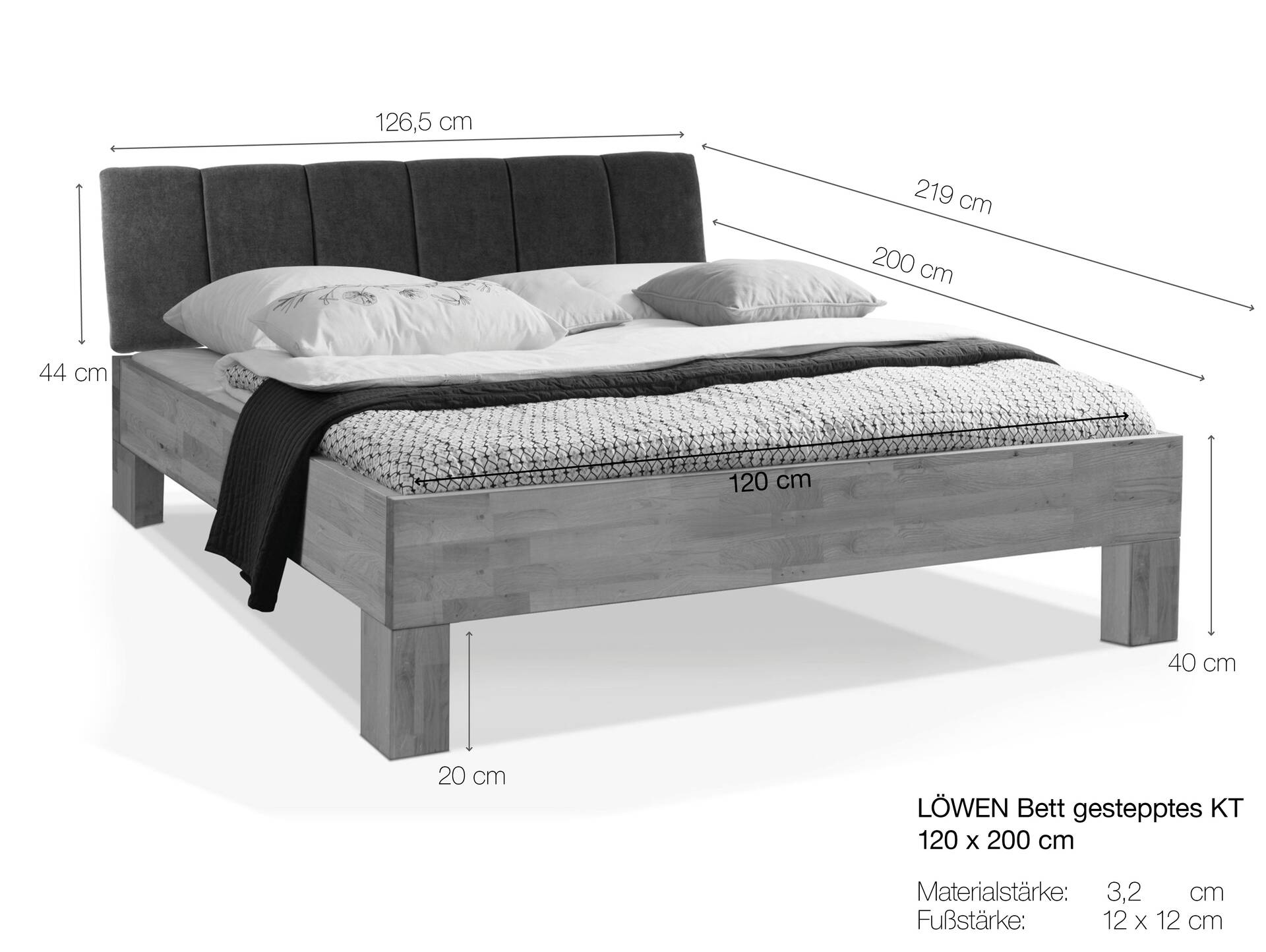 LÖWEN 4-Fuß Massivholzbett mit gestepptem Kopfteil 120 x 200 cm | Buche unbehandelt | Stoff Anthrazit