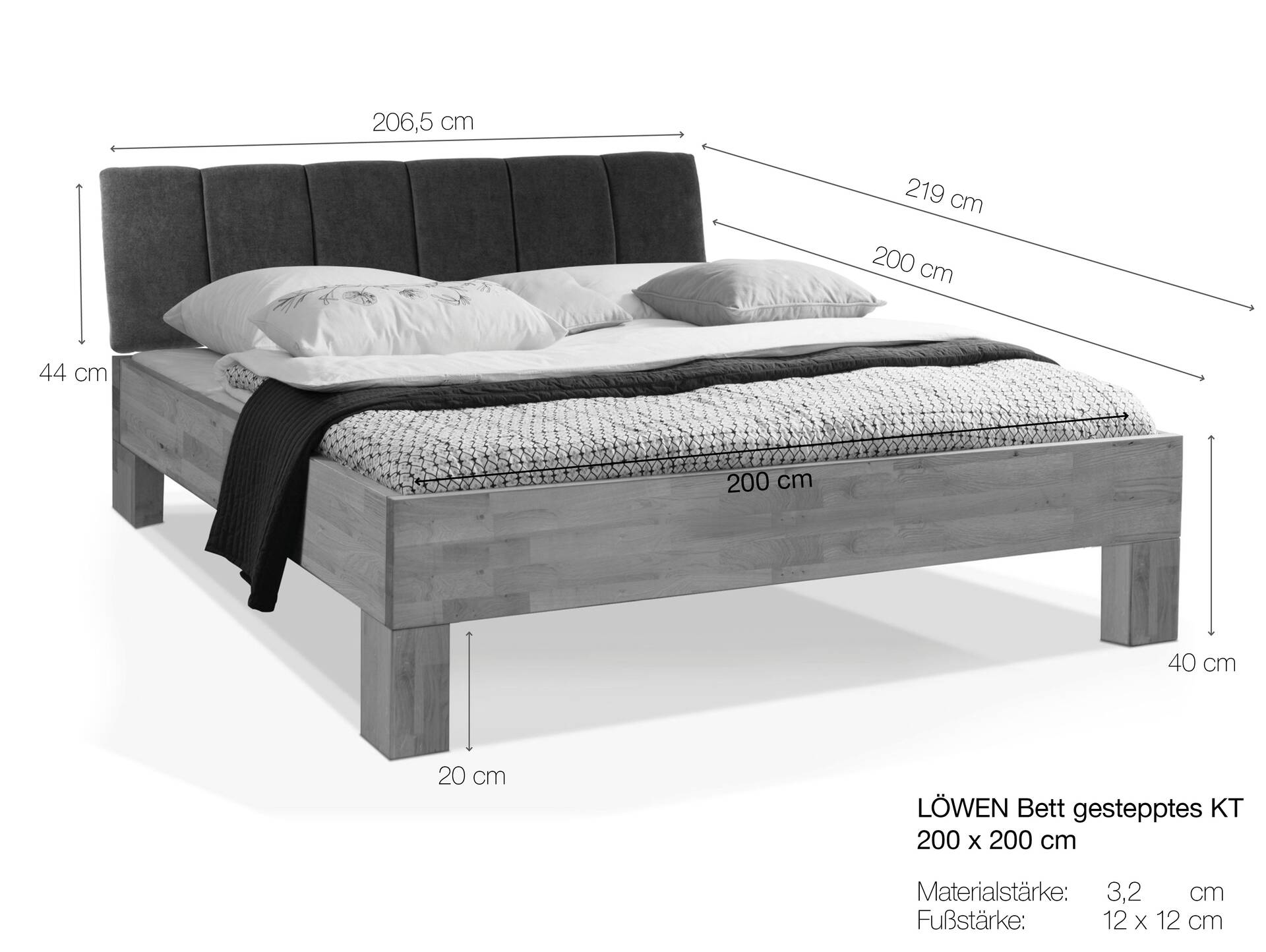 LÖWEN 4-Fuß Massivholzbett mit gestepptem Kopfteil 200 x 200 cm | Buche unbehandelt | Stoff Anthrazit
