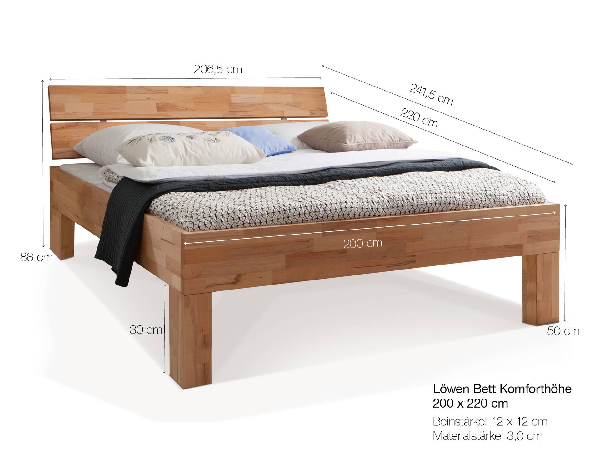 LÖWEN 4-Fuß-Massivholzbett, mit Kopfteil 200 x 220 cm | Buche geölt | Komforthöhe