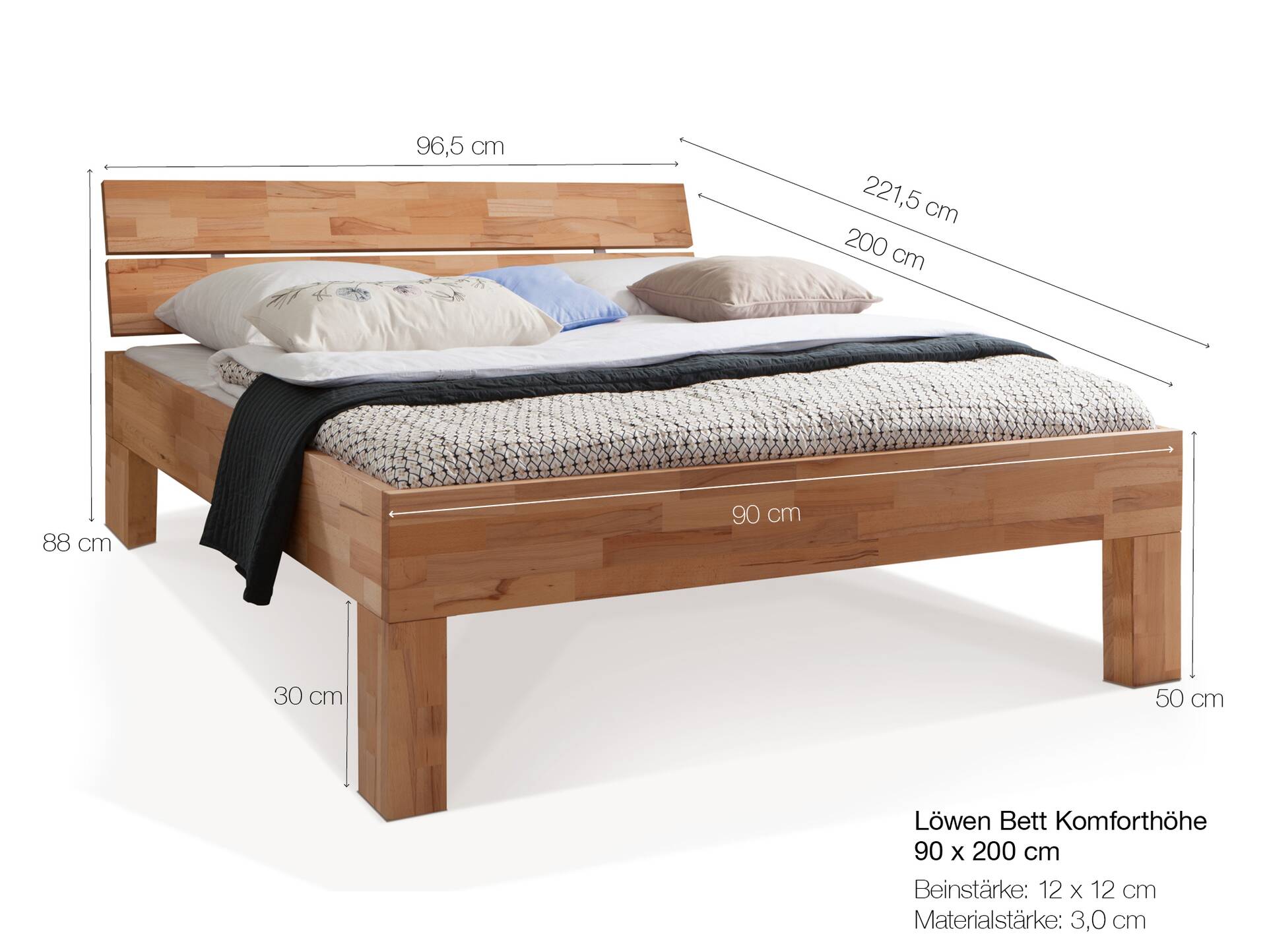 LÖWEN 4-Fuß-Massivholzbett, mit Kopfteil 90 x 200 cm | Wildeiche geölt | Komforthöhe