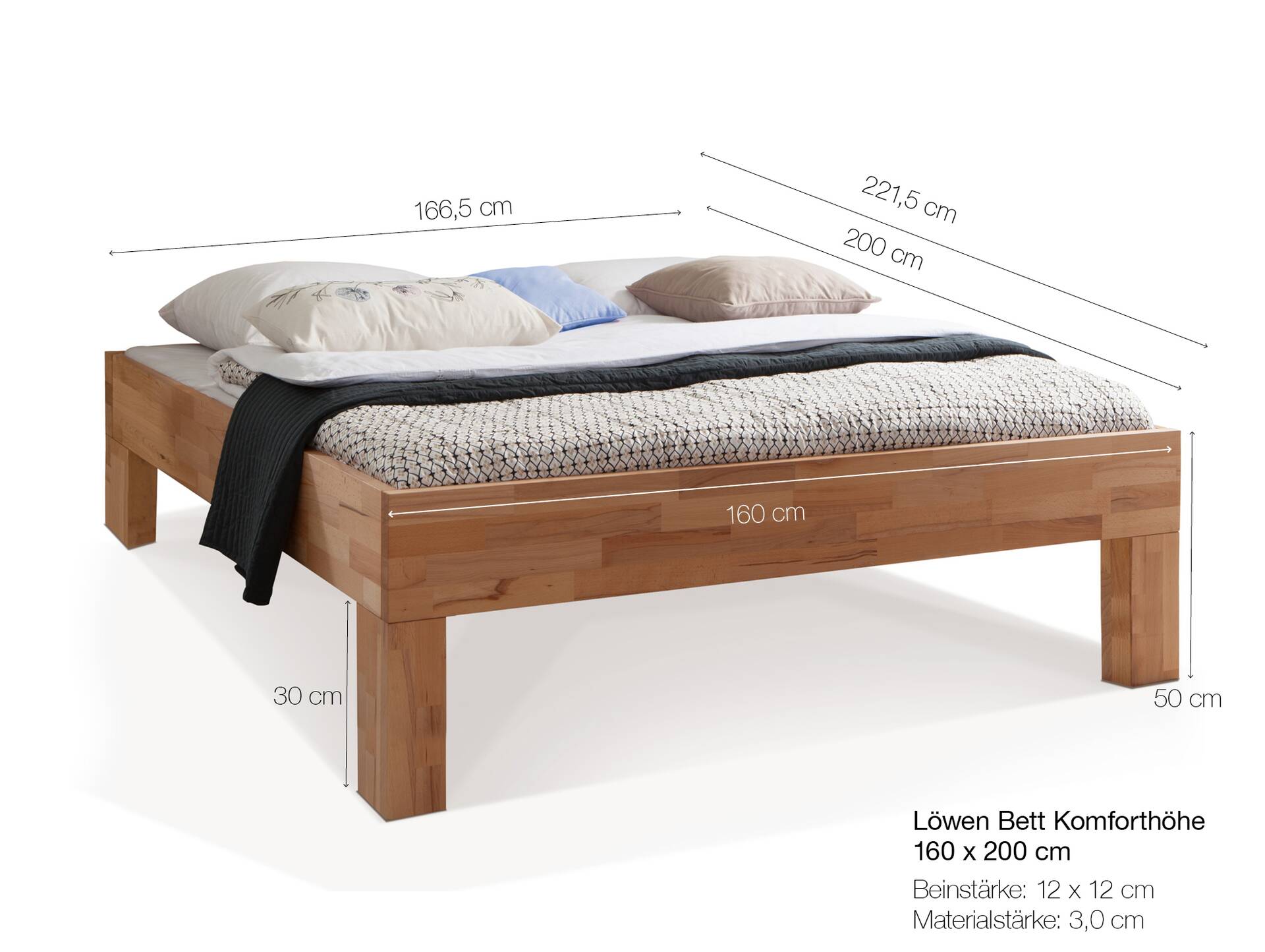 LÖWEN 4-Fuß Massivholzbett, ohne Kopfteil 160 x 200 cm | Buche unbehandelt | Komforthöhe