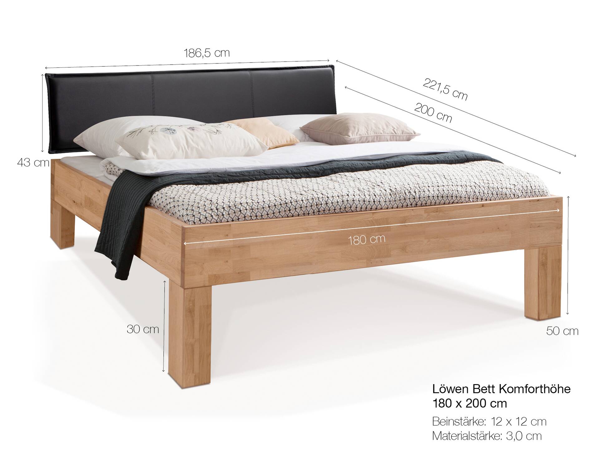 LÖWEN 4-Fuß Massivholzbett mit Polsterkopfteil 180 x 200 cm | Buche unbehandelt | Stoff Braun | Komforthöhe