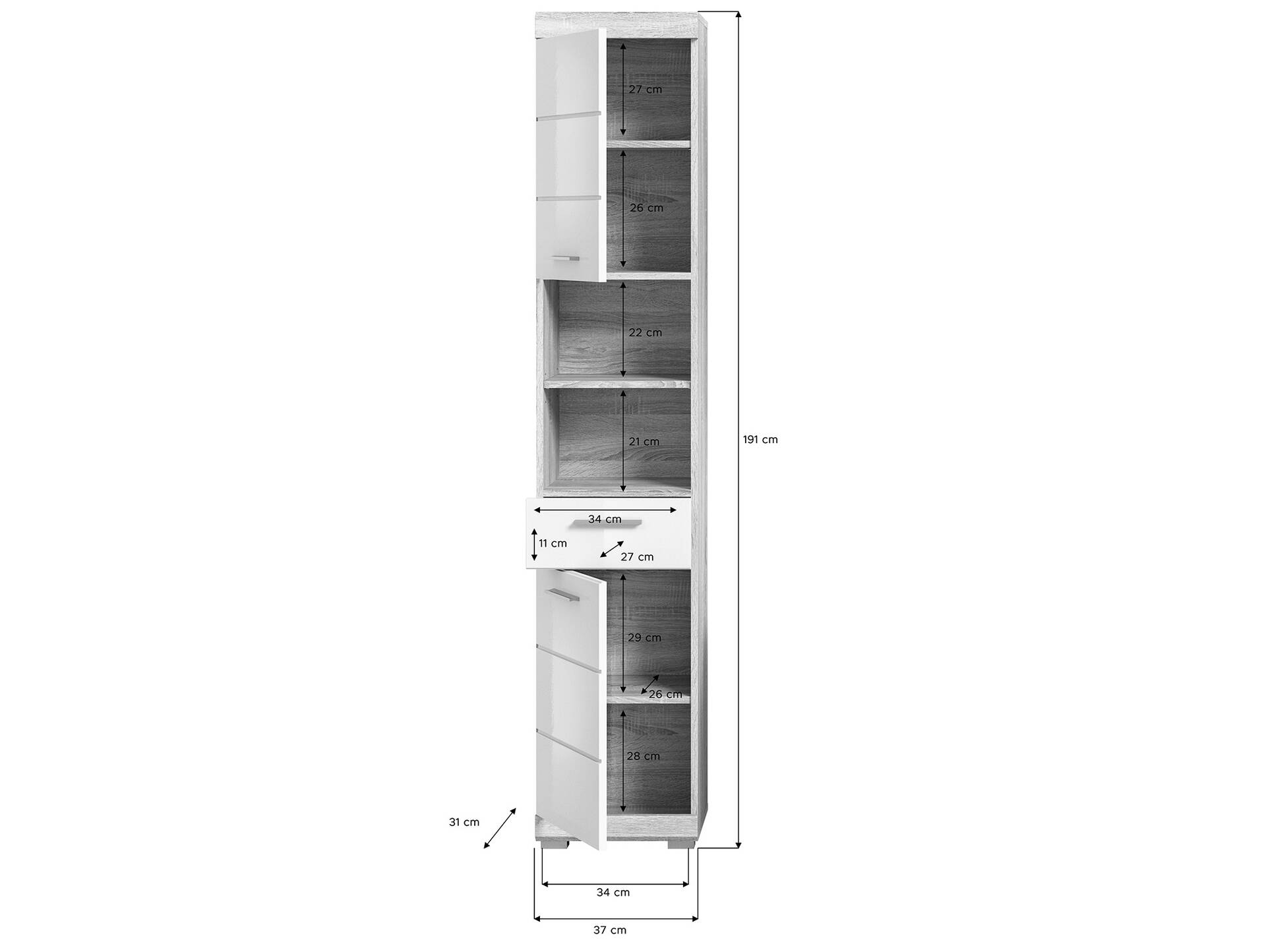 LUCERA Hochschrank fürs Badezimmer, Material Dekorspanplatte, Weiss/Sonoma Eiche Nachbildung 