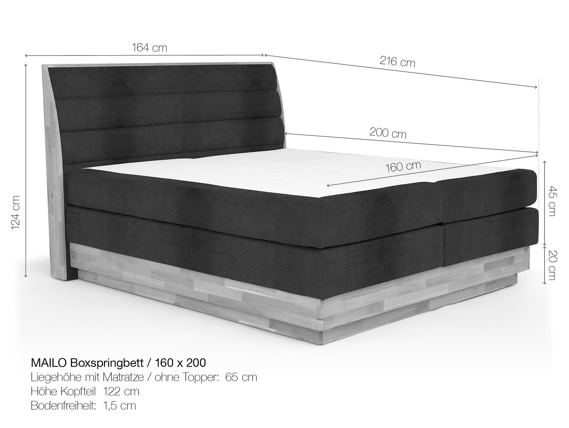 MAILO Boxspringbett mit Bettkasten, Material Massivholz Eiche/ Bezug Stoff in 2 Farben 160 x 200 cm | Braun