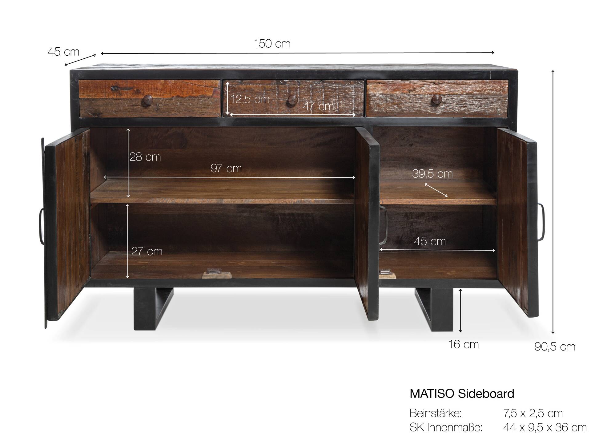 MATISO Sideboard, Material Recyclingholz, Kufenbeine schwarz 