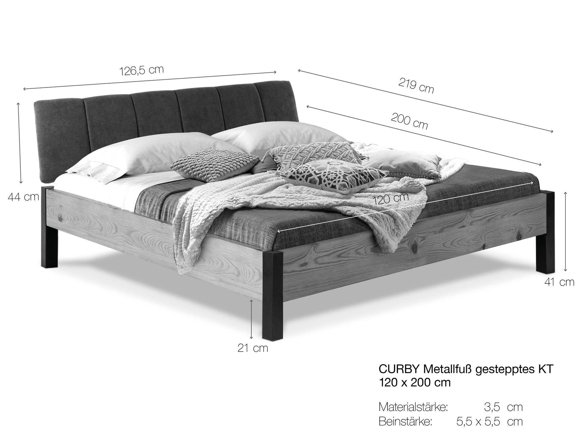 CURBY Bett Metallfuß, mit Polsterkopfteil, Material Massivholz, rustikale Altholzoptik, Fichte 120 x 200 cm | natur | Stoff Braun mit Steppung