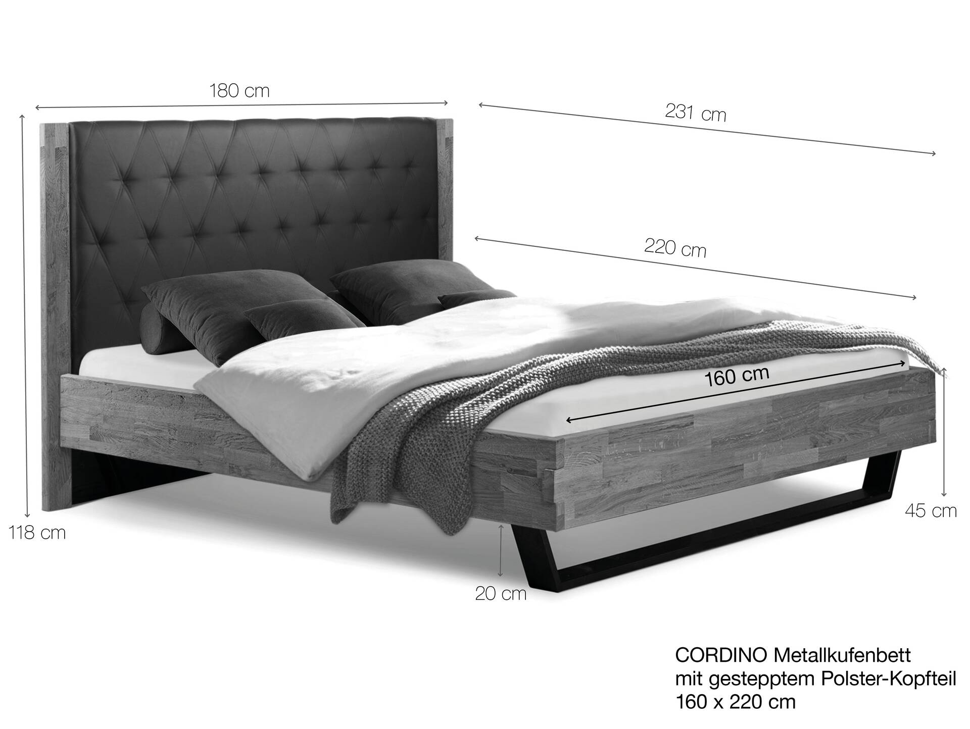CORDINO Kufenbett aus Eiche mit gestepptem Polsterkopfteil, Material Massivholz 160 x 220 cm | Eiche lackiert | Stoff Anthrazit | gebürstet