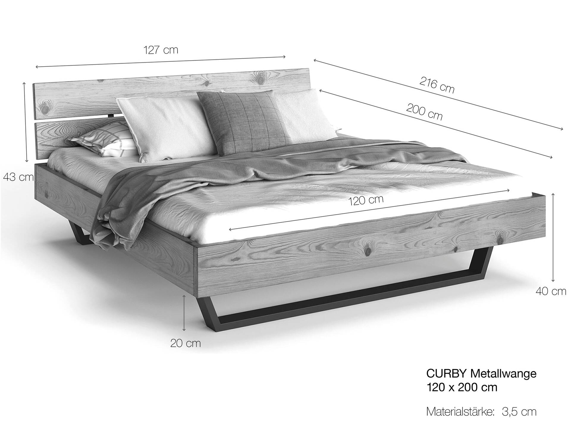 CURBY Kufenbett mit Polster-Kopfteil, Material Massivholz, rustikale Altholzoptik, Fichte, Kufen schwarz 120 x 200 cm | natur | Stoff Anthrazit ohne Steppung