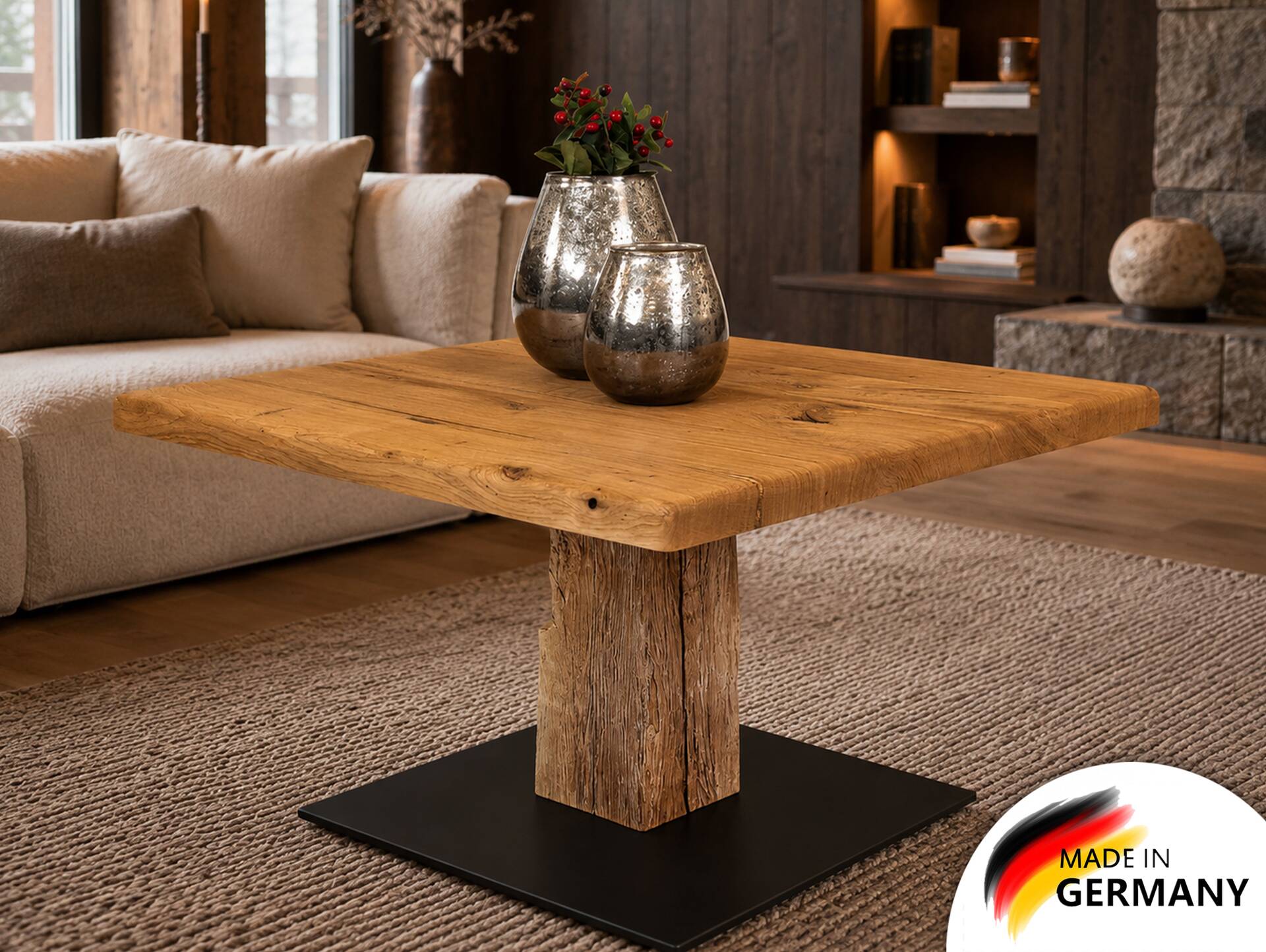 GALINO Couchtisch, Material Massivholz/Metall, Alteiche geölt/schwarz 60 x 60 cm 