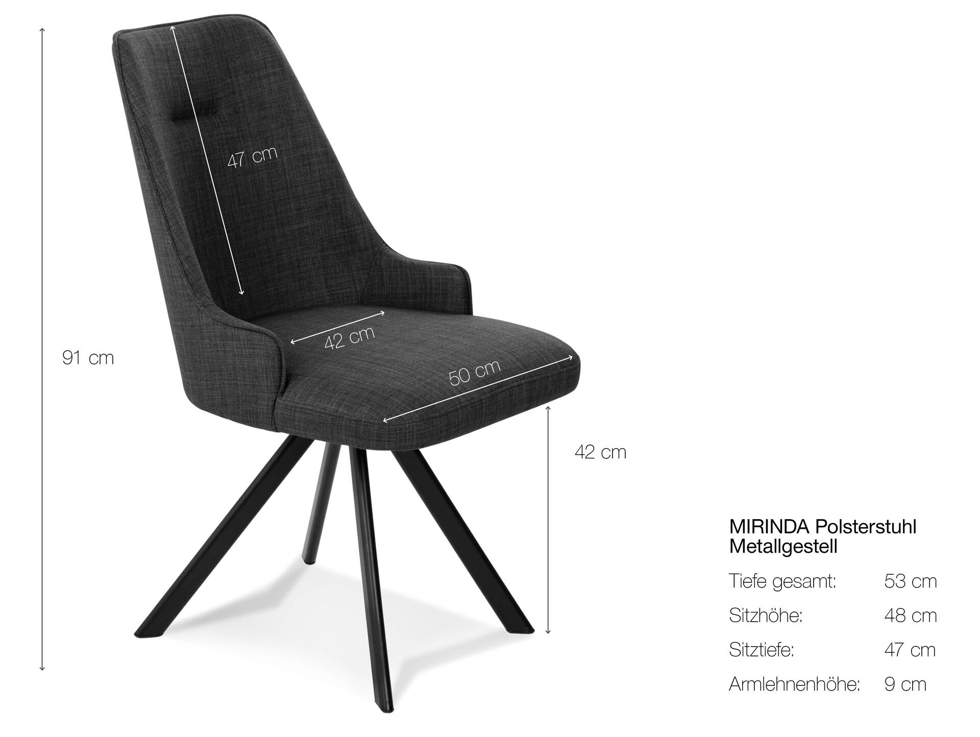 MIRINDA Schalenstuhl, Gestell Eisen schwarz mit Drehfunktion | Stoff | grau