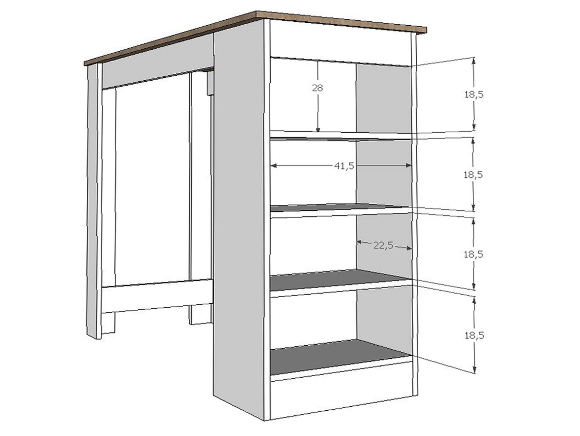 MACARENA Bartisch mit seitlichem Regal, Material Dekorspanplatte weiss/Eiche sonomafabig