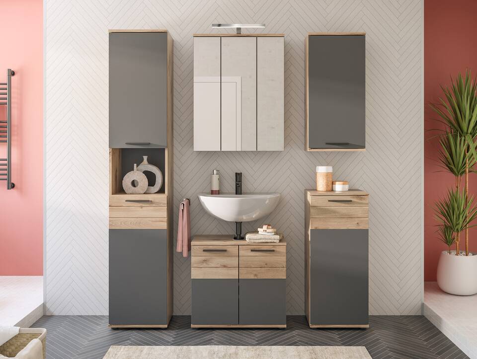 MORANO Badezimmerset I, Material Dekorspanplatte, Nox Oak Nachbildung/Basaltgrau 