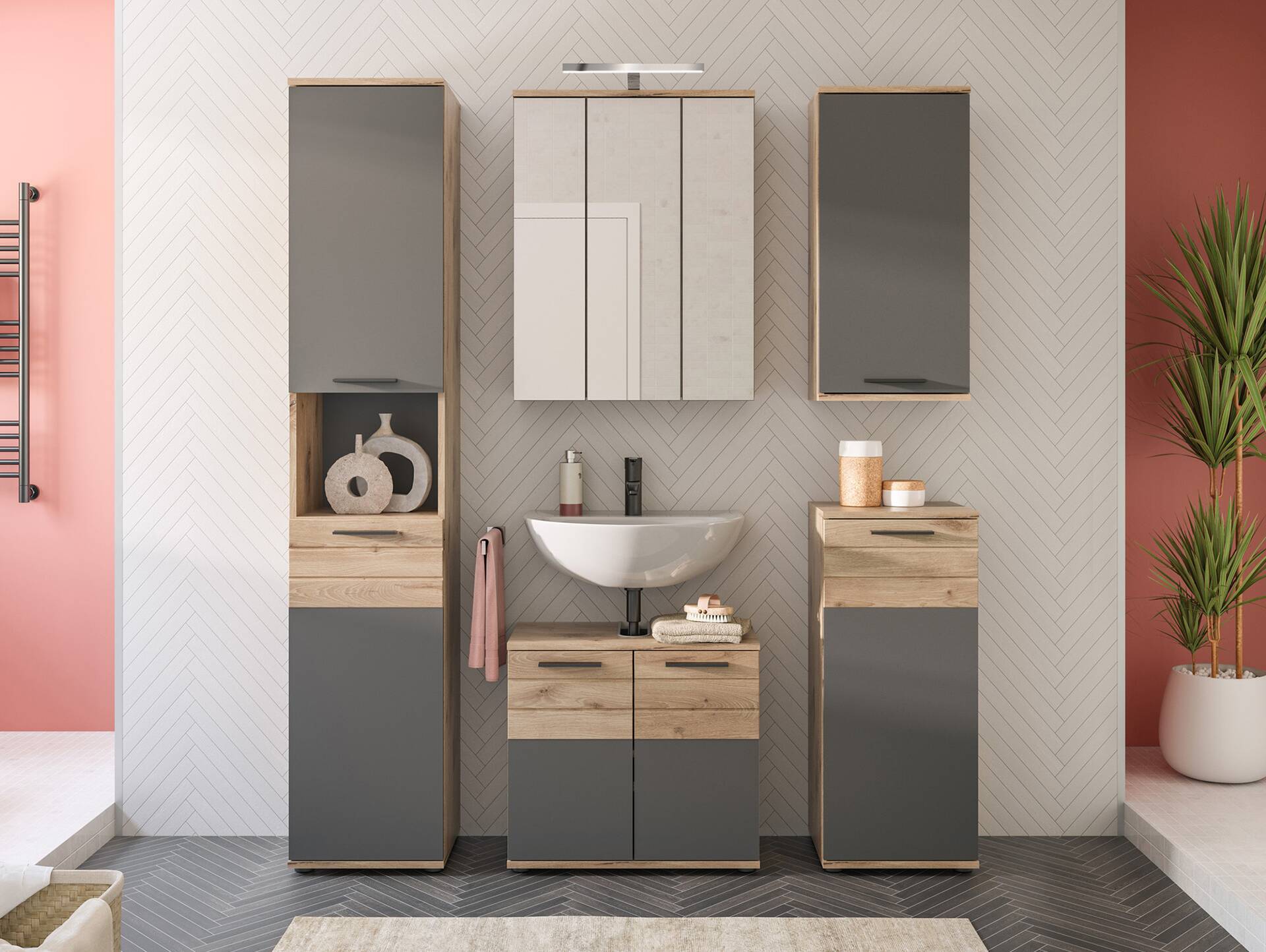 MORANO Badezimmerset I, Material Dekorspanplatte, Nox Oak Nachbildung/Basaltgrau 