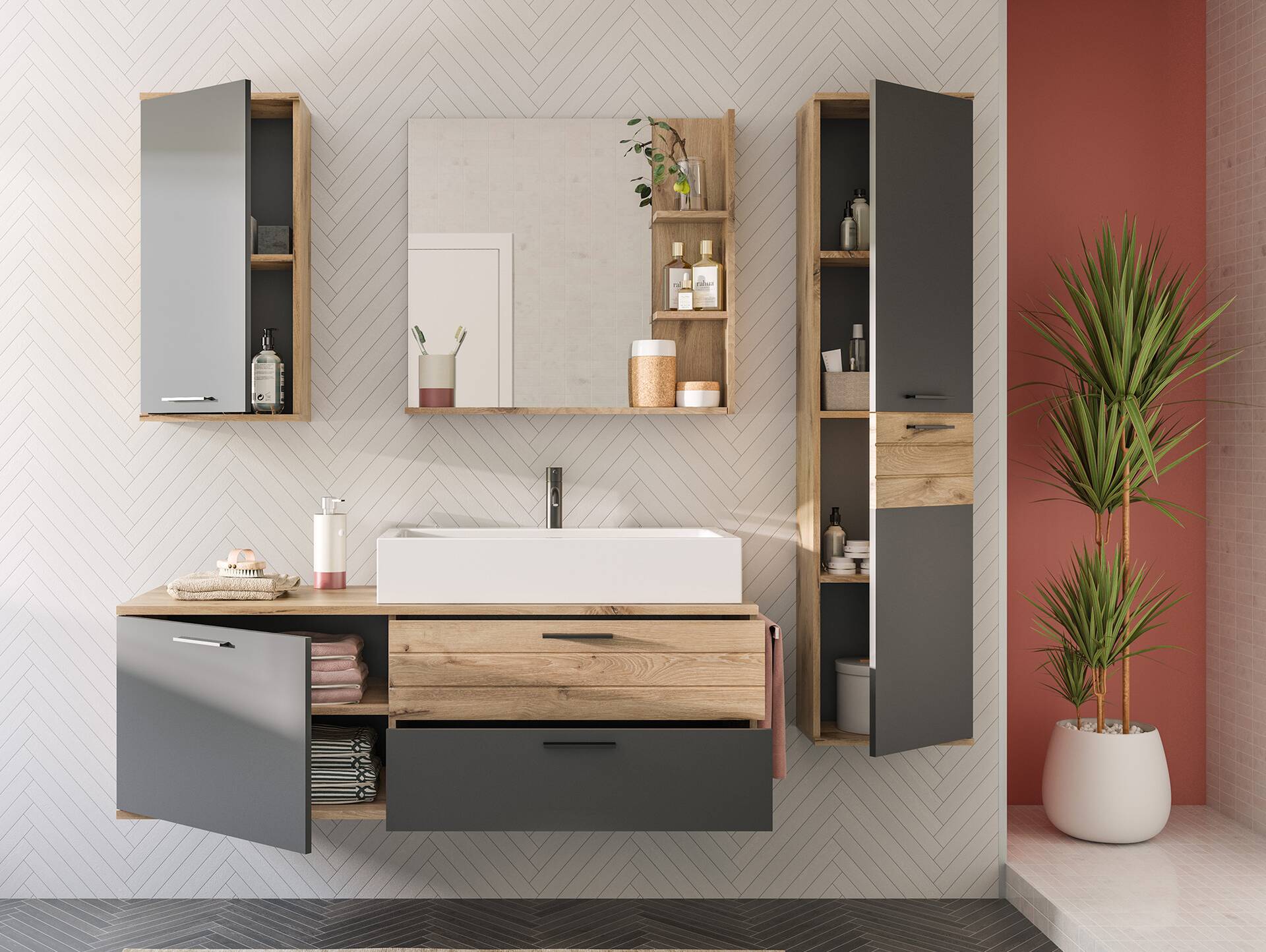 MORANO Hänge-Hochschrank fürs Badezimmer, Material Dekorspanplatte, Nox Oak Nachbildung/Basaltgrau 