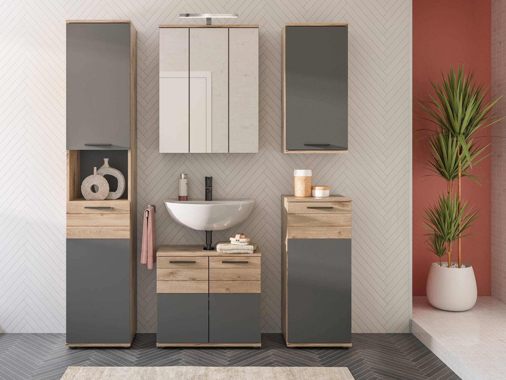 MORANO Hängeschrank fürs Badezimmer, Material Dekorspanplatte, Nox Oak Nachbildung/Basaltgrau 