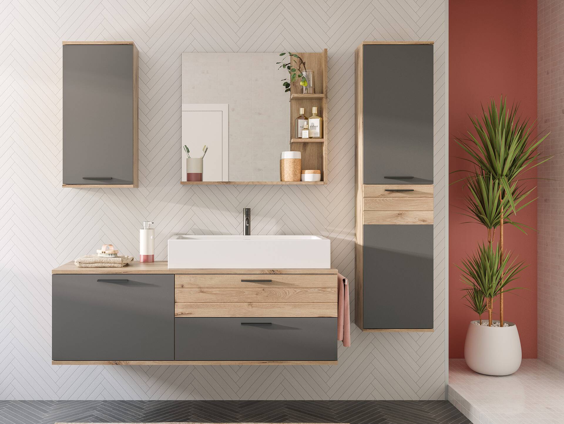 MORANO Waschtisch inkl. Becken, Material Dekorspanplatte, Nox Oak Nachbildung/Basaltgrau 
