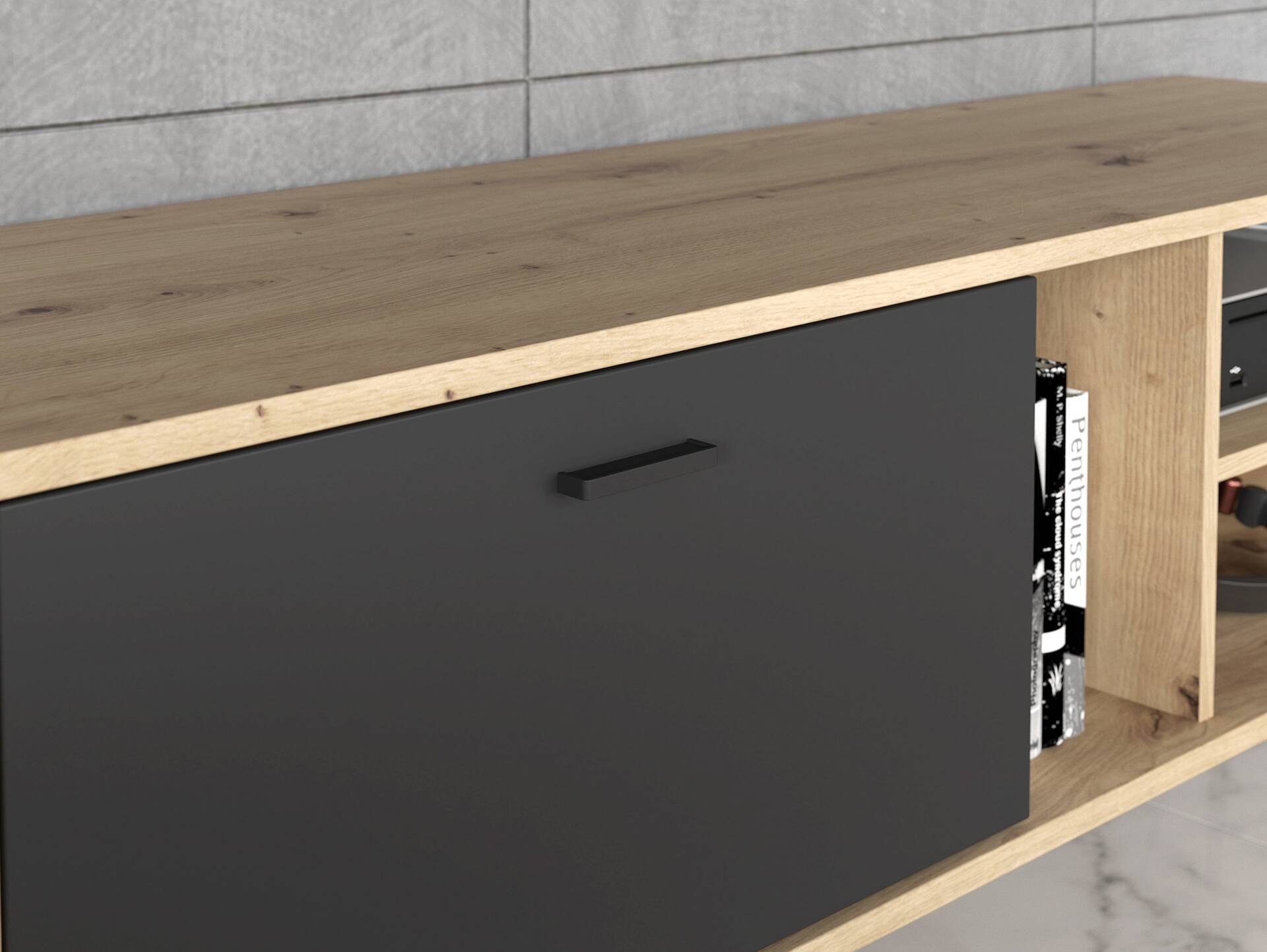 NURI TV-Lowboard I, Material Dekorspanplatte, Artisan eichefarbig/schwarz 