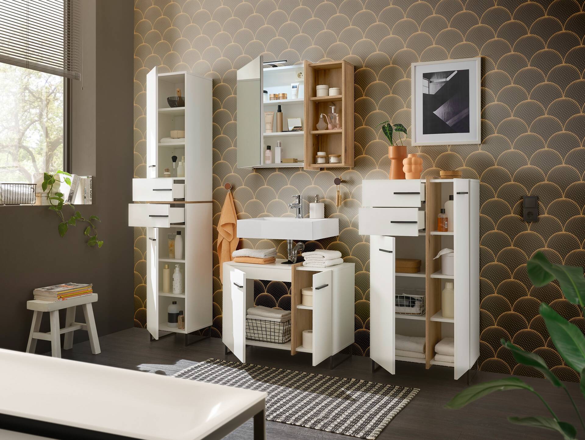 PIDERO Waschbeckenunterschrank, Material Spanplatte, weiss/eichefarbig 