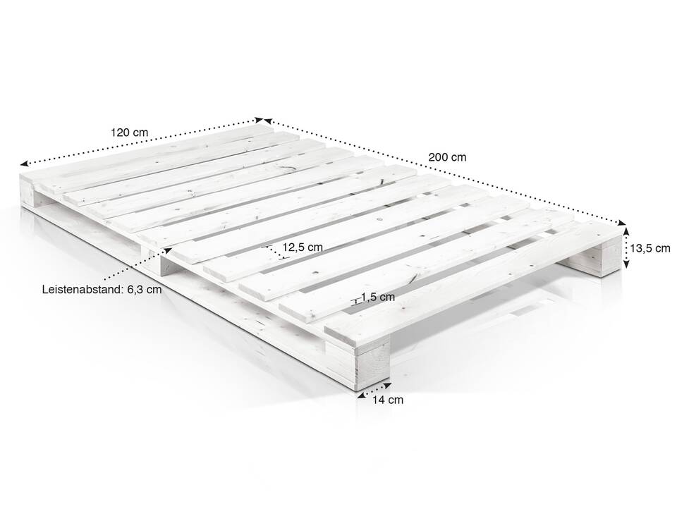 PALETTI Massivholzbett / Palettenbett 120 x 200 cm | Fichte weiss