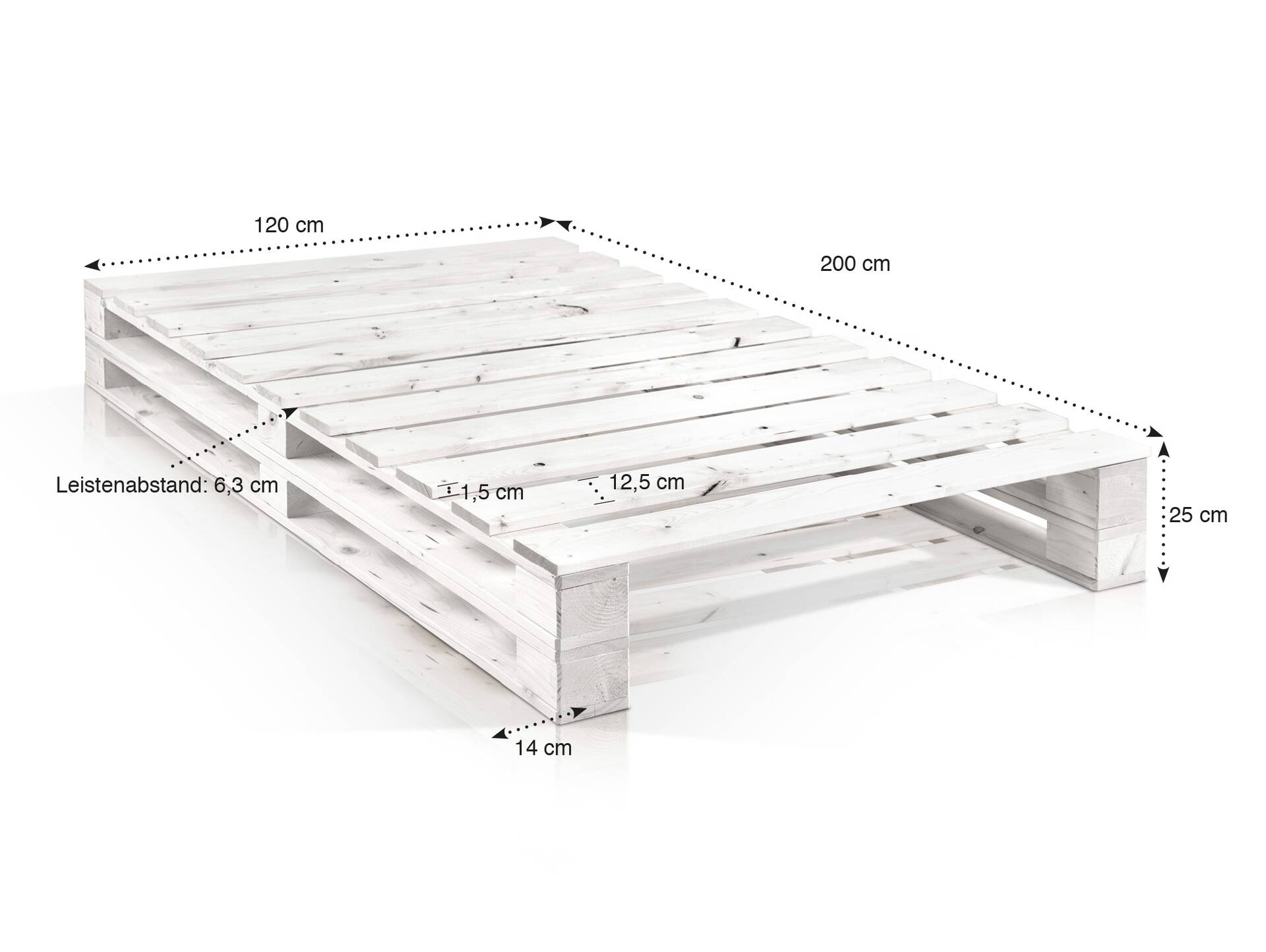 PALETTI DUO Massivholzbett / Palettenbett 120 x 200 cm | Fichte weiss