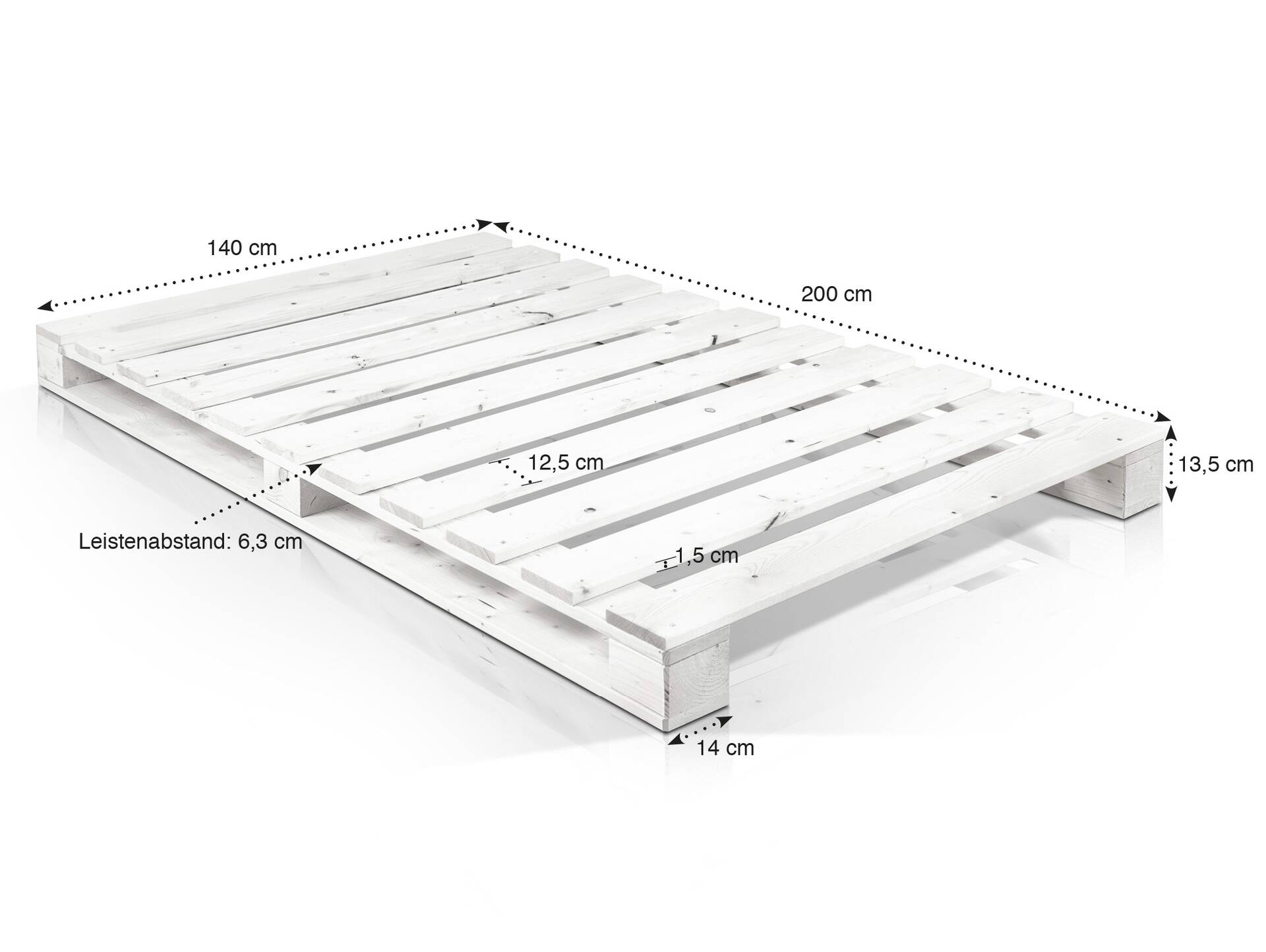 PALETTI Massivholzbett / Palettenbett 140 x 200 cm | Fichte weiss