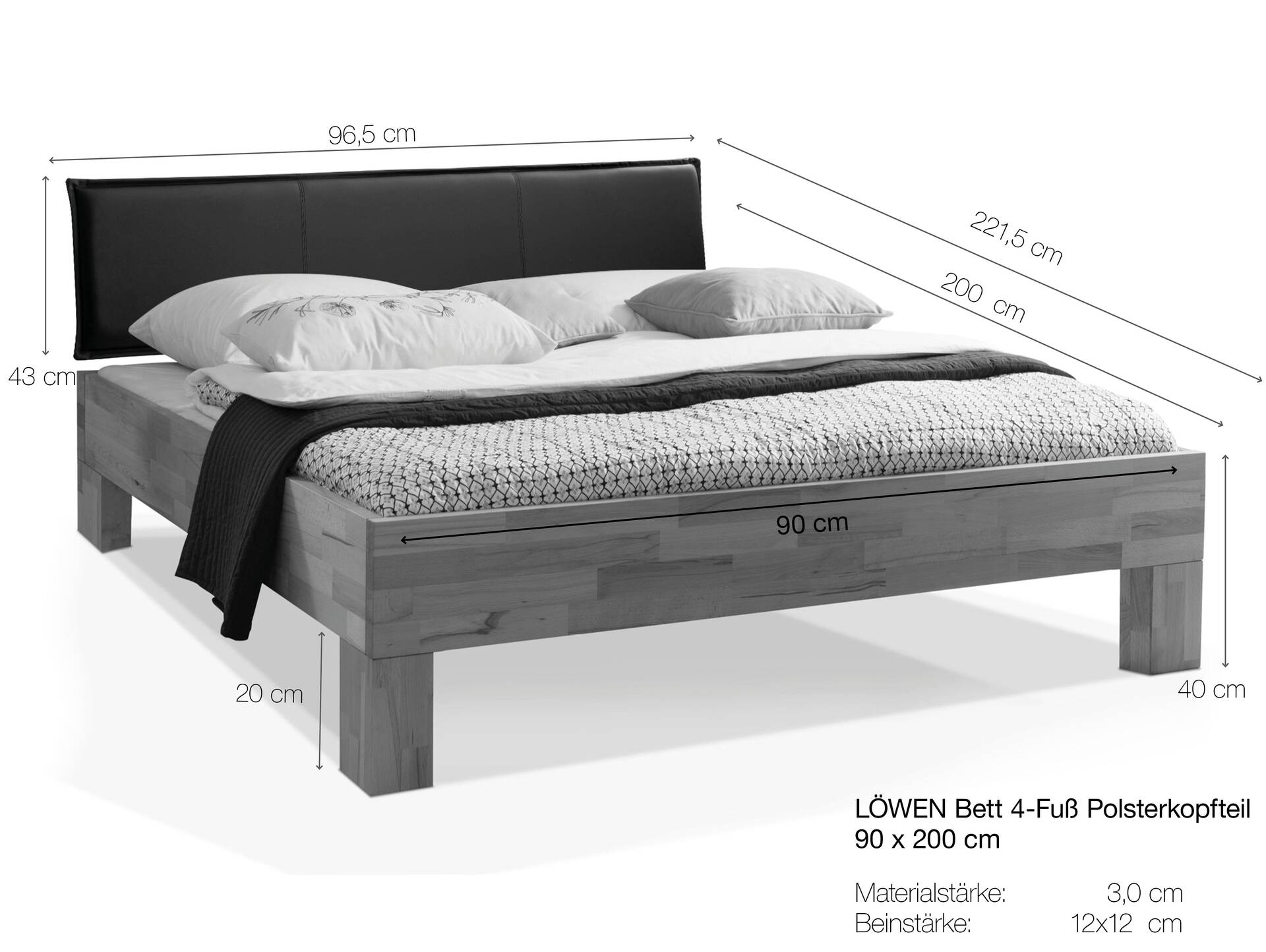 LÖWEN 4-Fuß Massivholzbett mit Polster-Kopfteil 90 x 200 cm | Buche unbehandelt | Kunstleder Braun | Standardhöhe