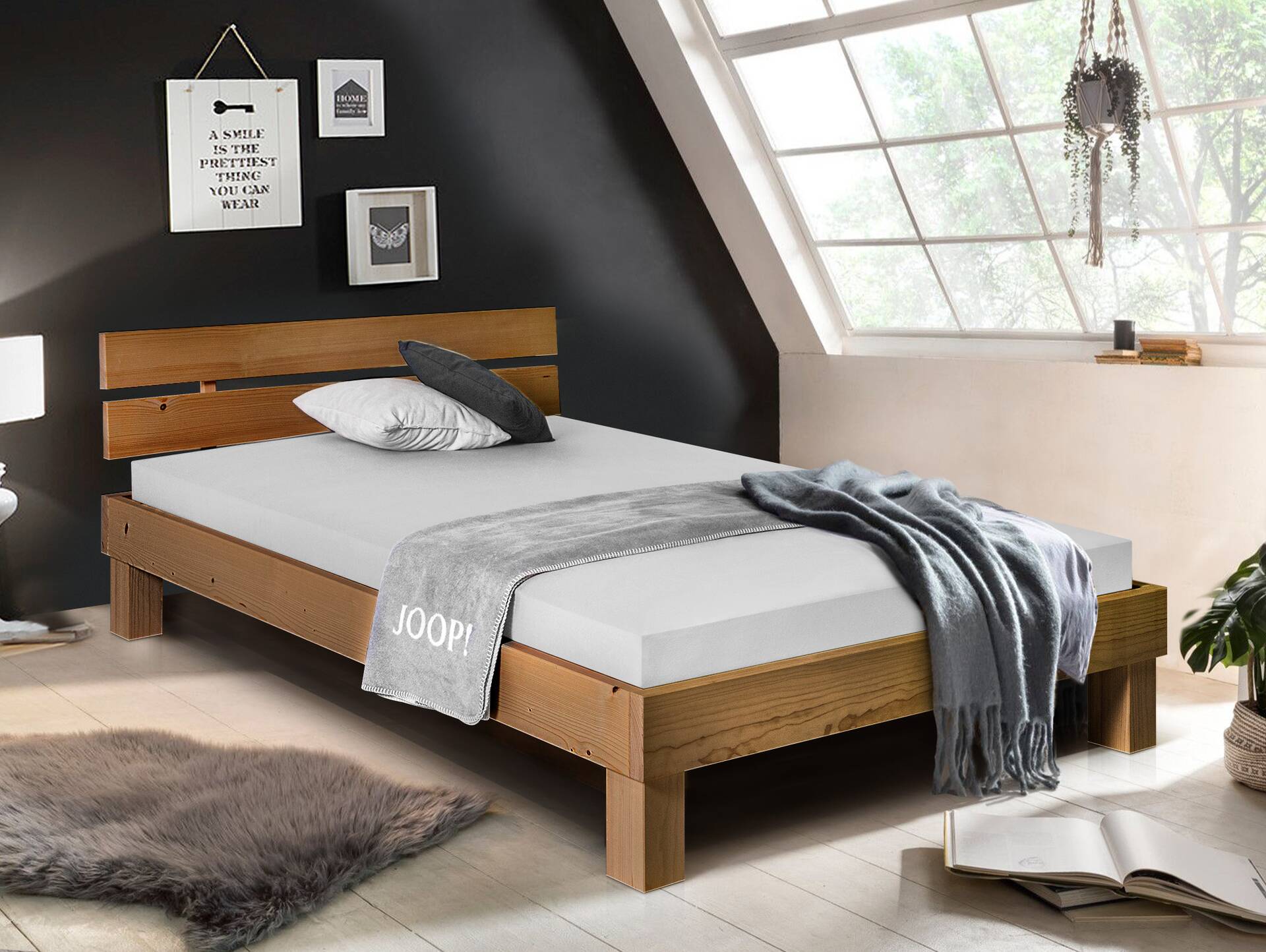 PUMBA Massivholzbett mit Kopfteil, Material Massivholz, Fichte 120 x 200 cm | eichefarbig | Standardhöhe