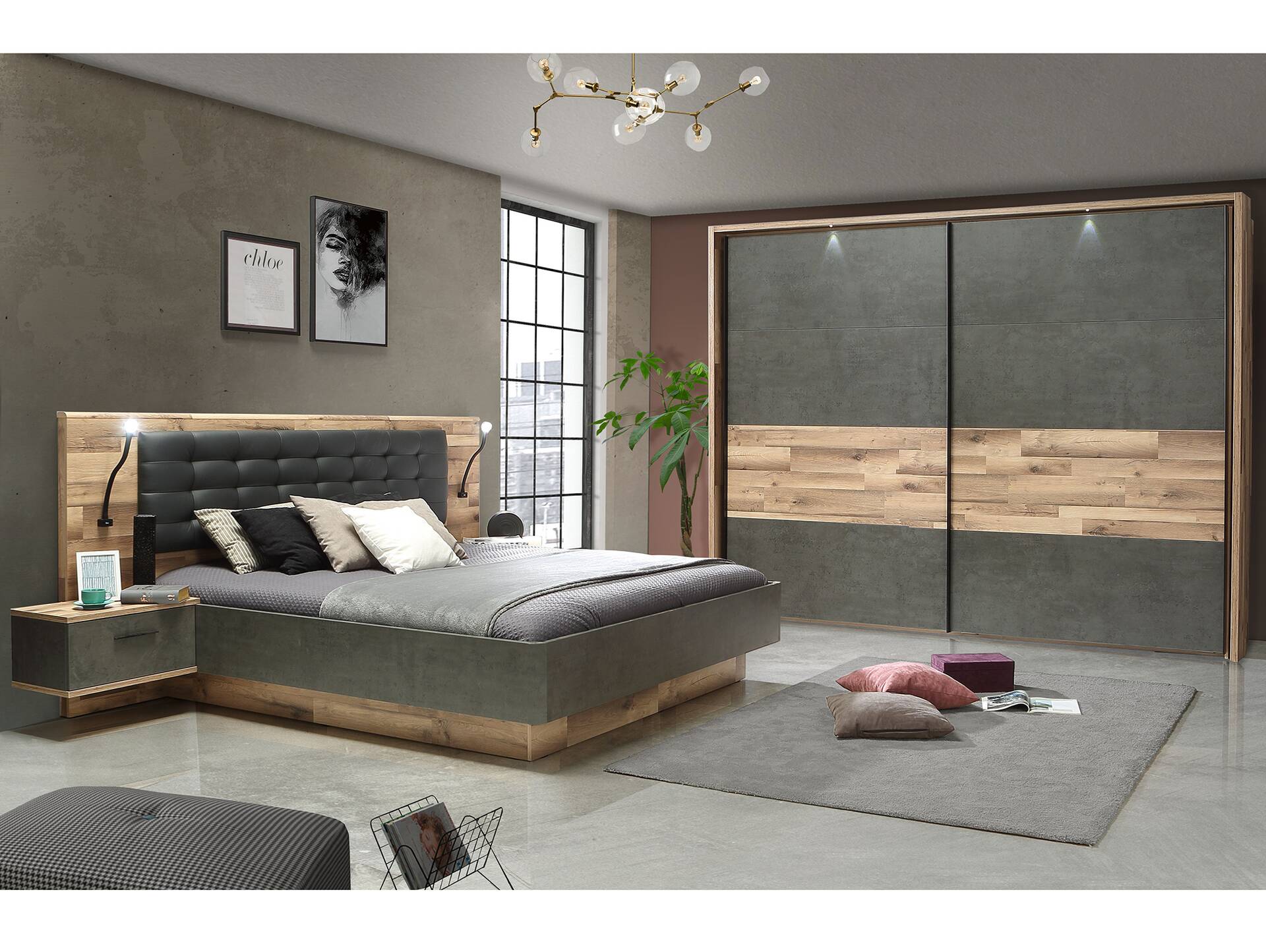 RICCANO Komplett-Schlafzimmer I, Material Dekorspanplatte, stabeichefarbig/grau 