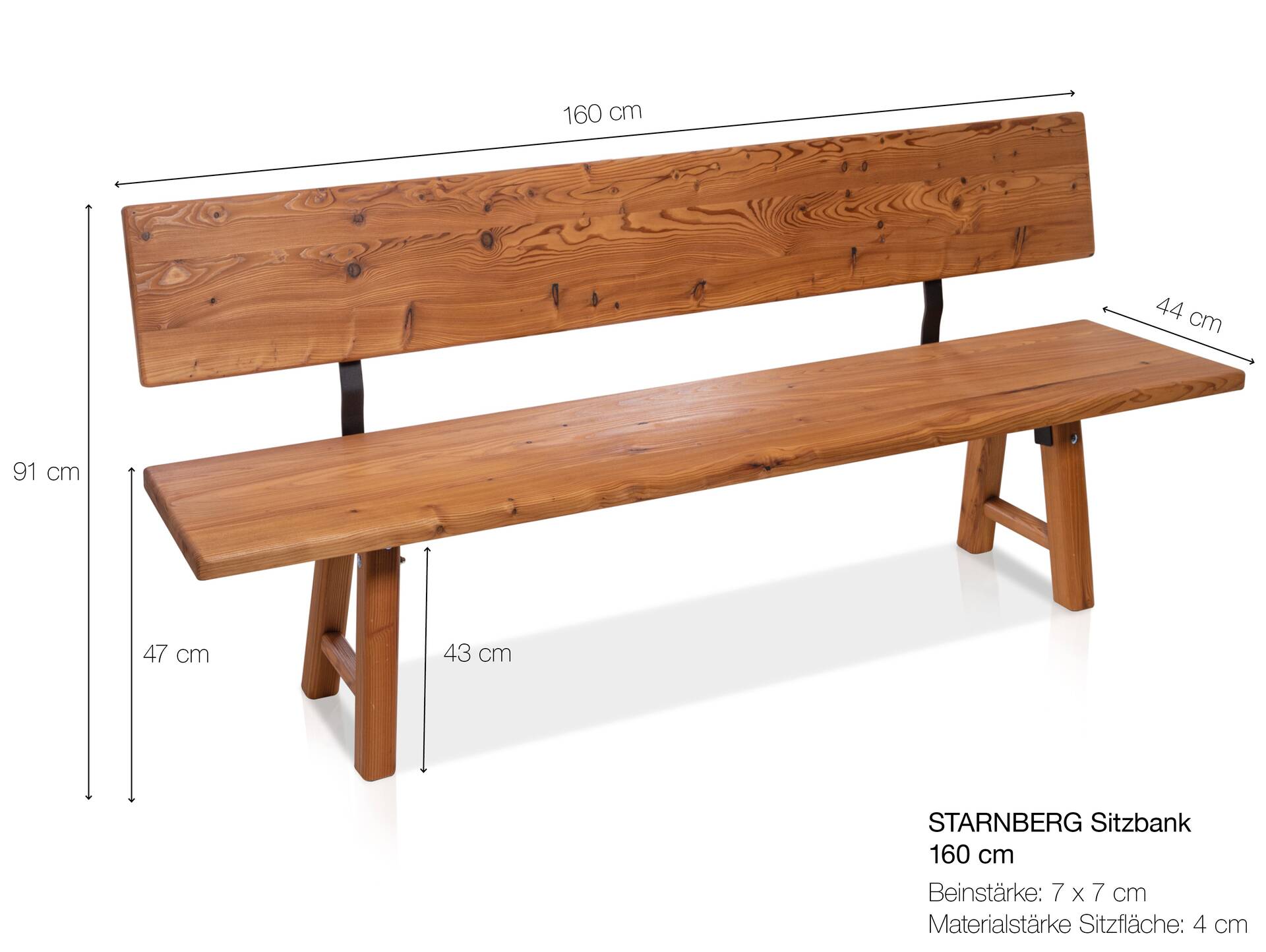 STARNBERG Sitzbank mit Rücken, Material Massivholz, Lärche gedämpft 160 cm | lackiert