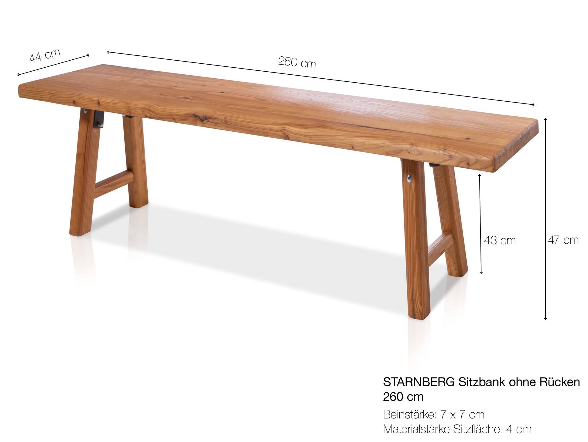 STARNBERG Sitzbank ohne Rücken, Material Massivholz, Lärche gedämpft 260 cm | geölt