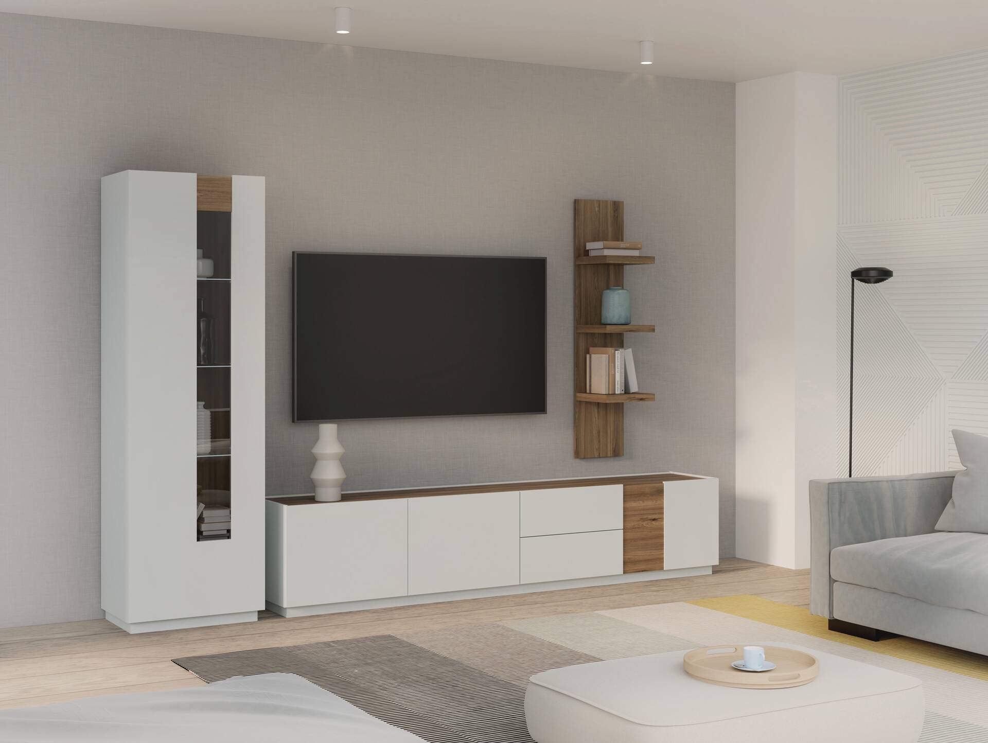 LENNOX Vitrine, Material Dekorspanplatte, lichtgrau/Valencia Oak Dekor 