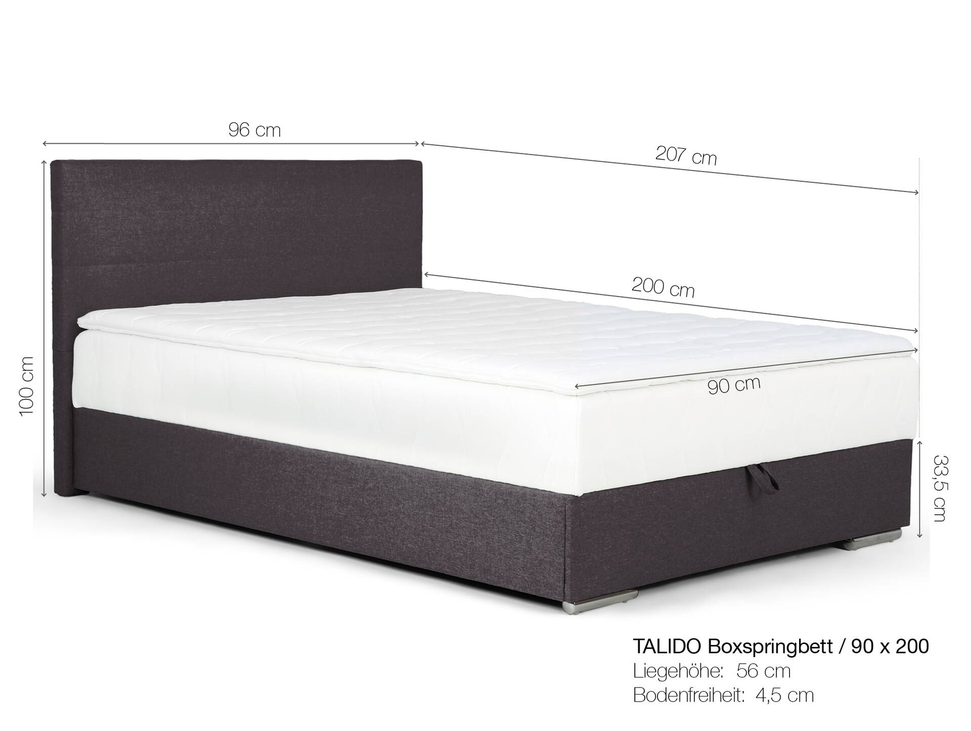 TALIDO Boxspringbett/Singlebett mit Bettkasten inkl. Topper 90 x 200 cm