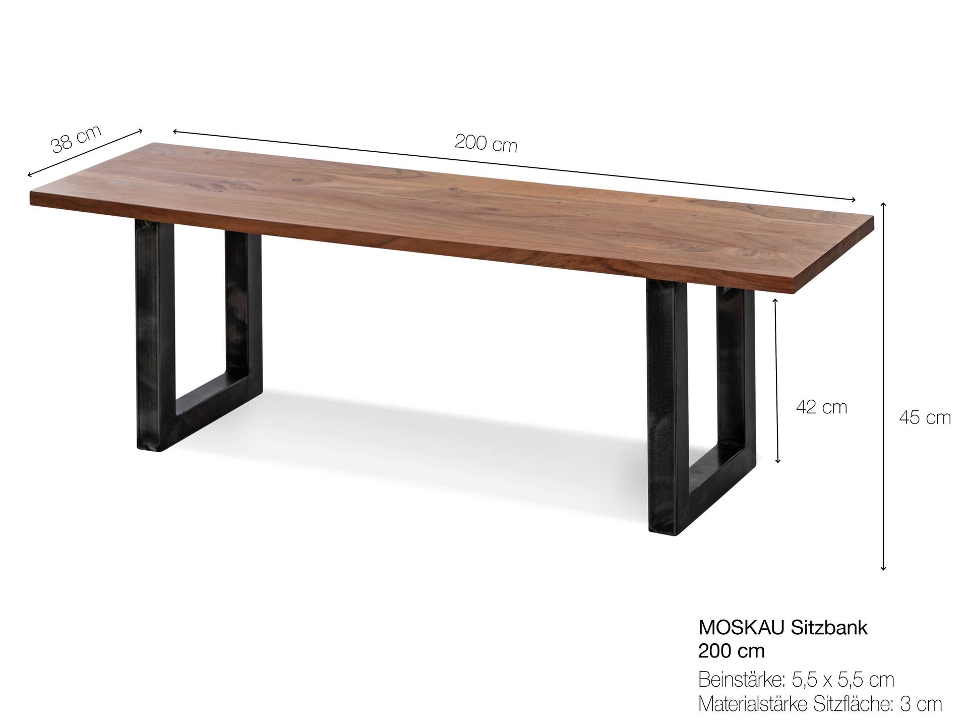 MALLI Sitzbank, Material Massivholz/Metall, Akazie lackiert 200 cm