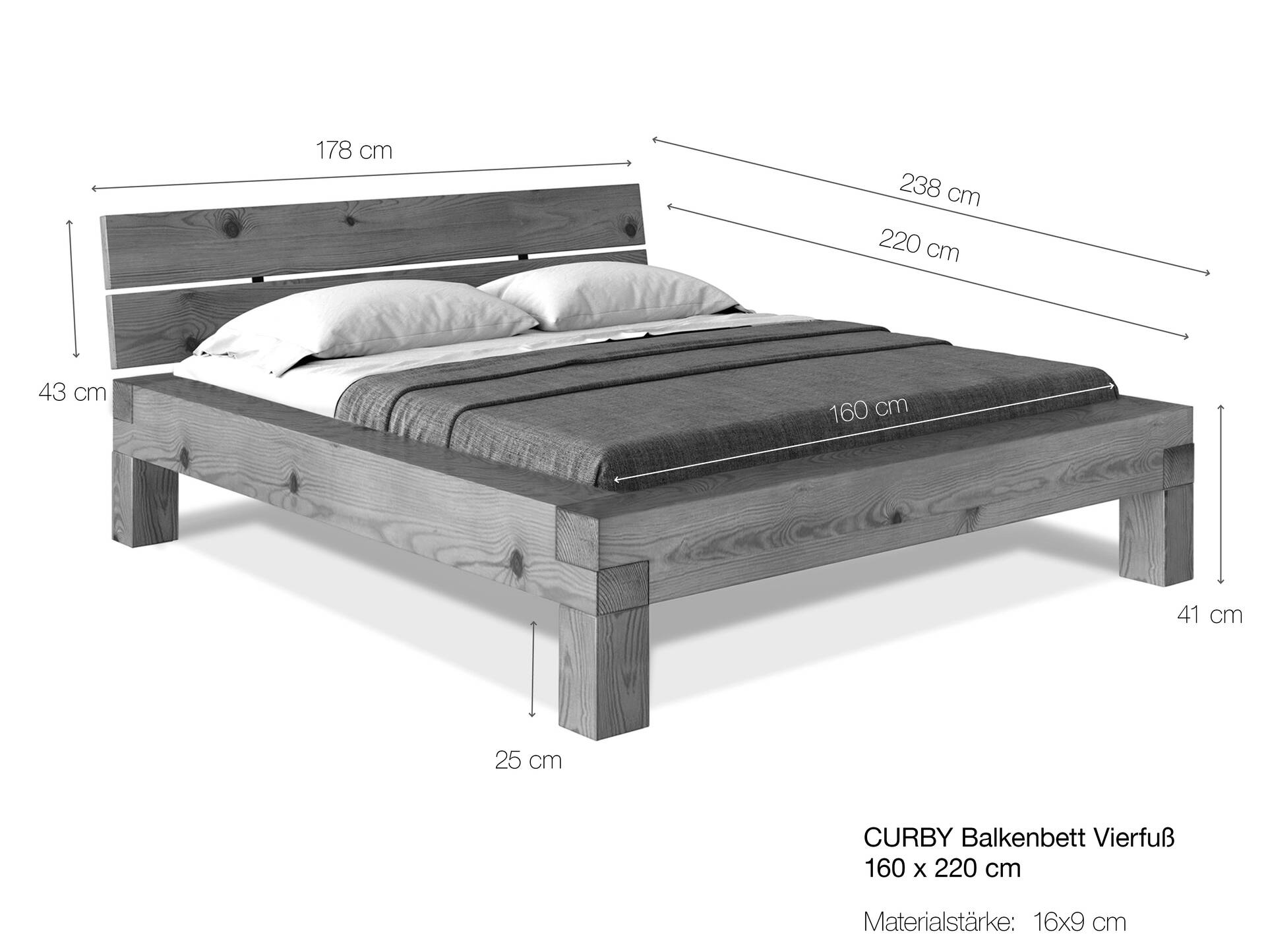 CURBY 4-Fuß-Balkenbett mit Polsterkopfteil, Material Massivholz, Thermo-Fichte 160 x 220 cm | natur | Stoff Anthrazit | Standardhöhe