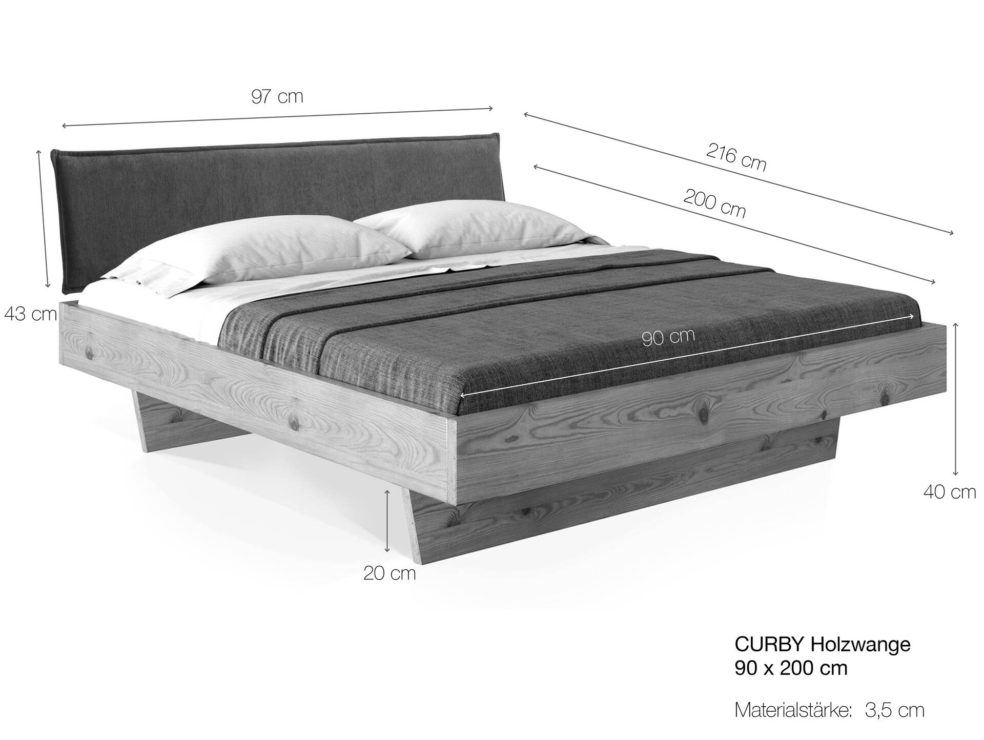 CURBY Wangenbett mit Polsterkopfteil, Material Massivholz, rustikale Altholzoptik, Fichte gebürstet 90 x 200 cm | natur | Stoff Braun ohne Steppung