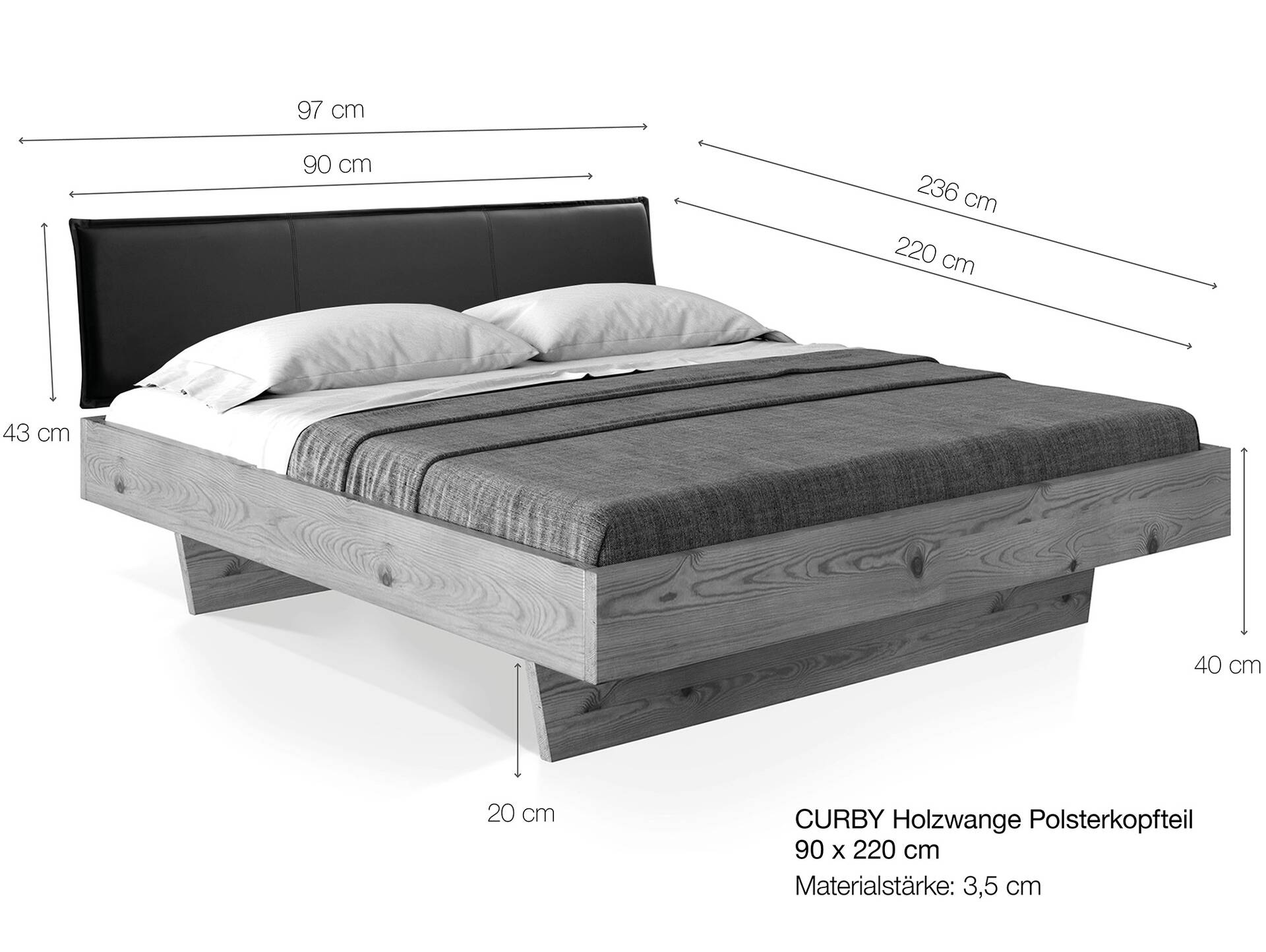 CURBY Wangenbett mit Polsterkopfteil, Material Massivholz, rustikale Altholzoptik, Fichte gebürstet 90 x 220 cm | natur | Stoff Braun ohne Steppung