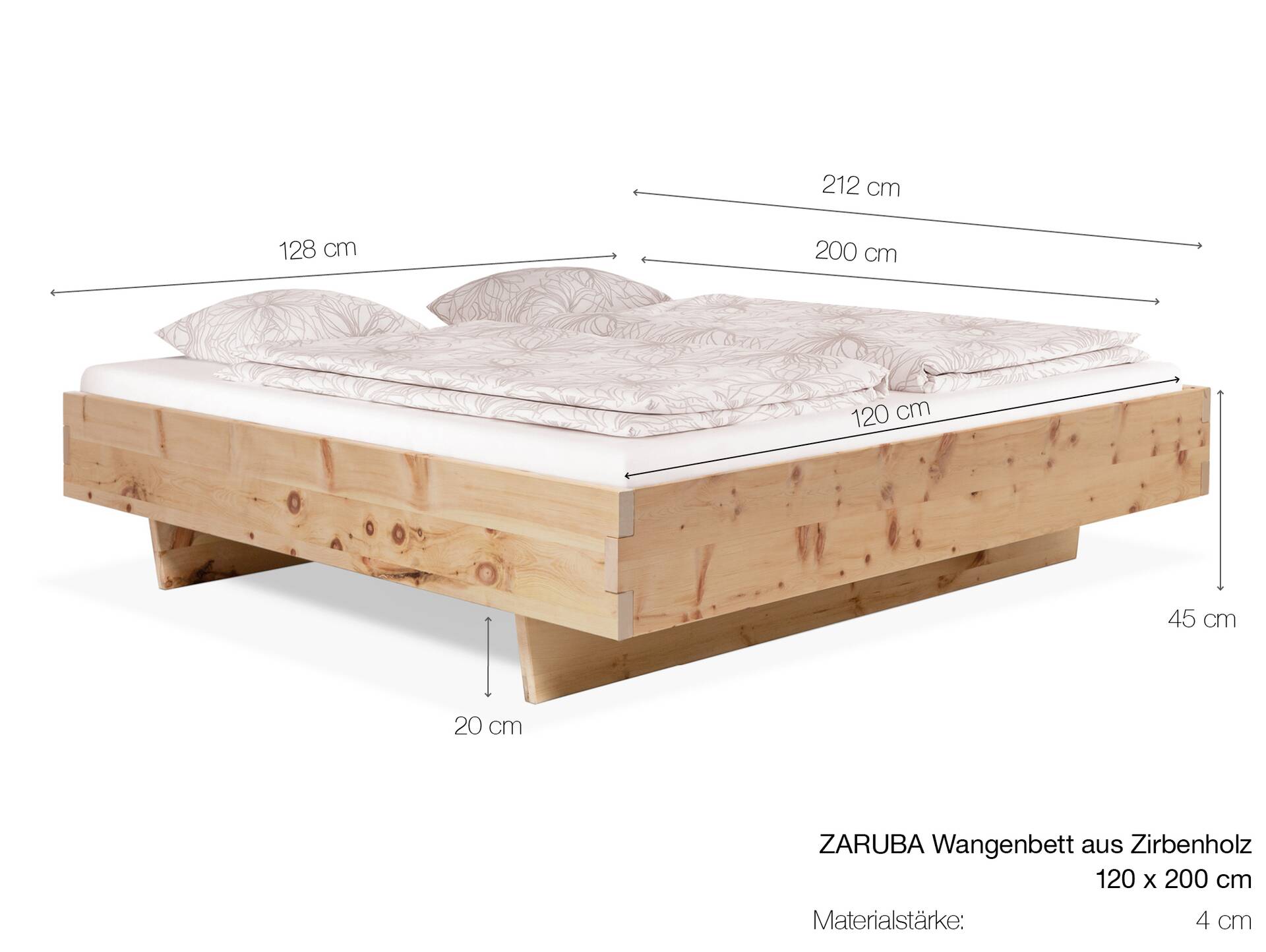 ZARUBA Zirbenbett mit Wangenfuß/Holzkopfteil, Material Massivholz, Zirbe unbehandelt, mit/ohne Kopfteil 120 x 200 cm | ohne Kopfteil