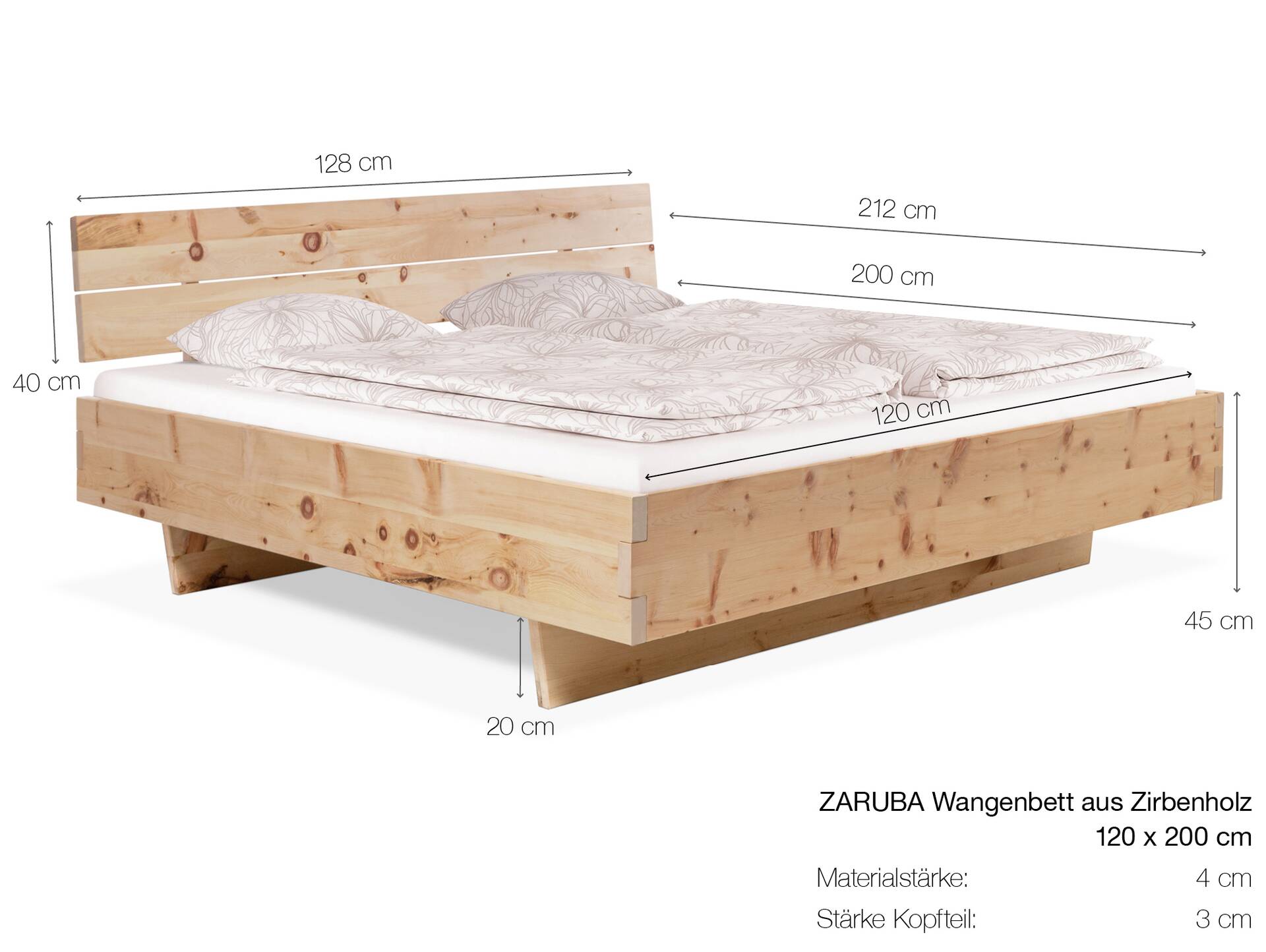 ZARUBA Zirbenbett mit Wangenfuß/Holzkopfteil, Material Massivholz, Zirbe unbehandelt 120 x 200 cm